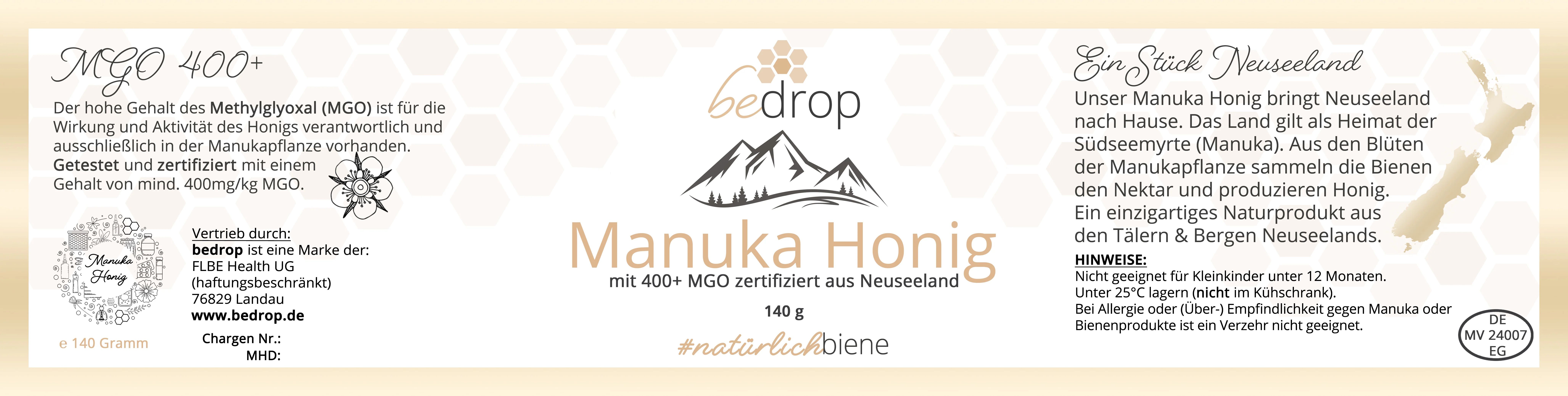 bedrop Vorteilsset: Manuka Honig mit MGO 400+ (zertifiziert) im 3er Set