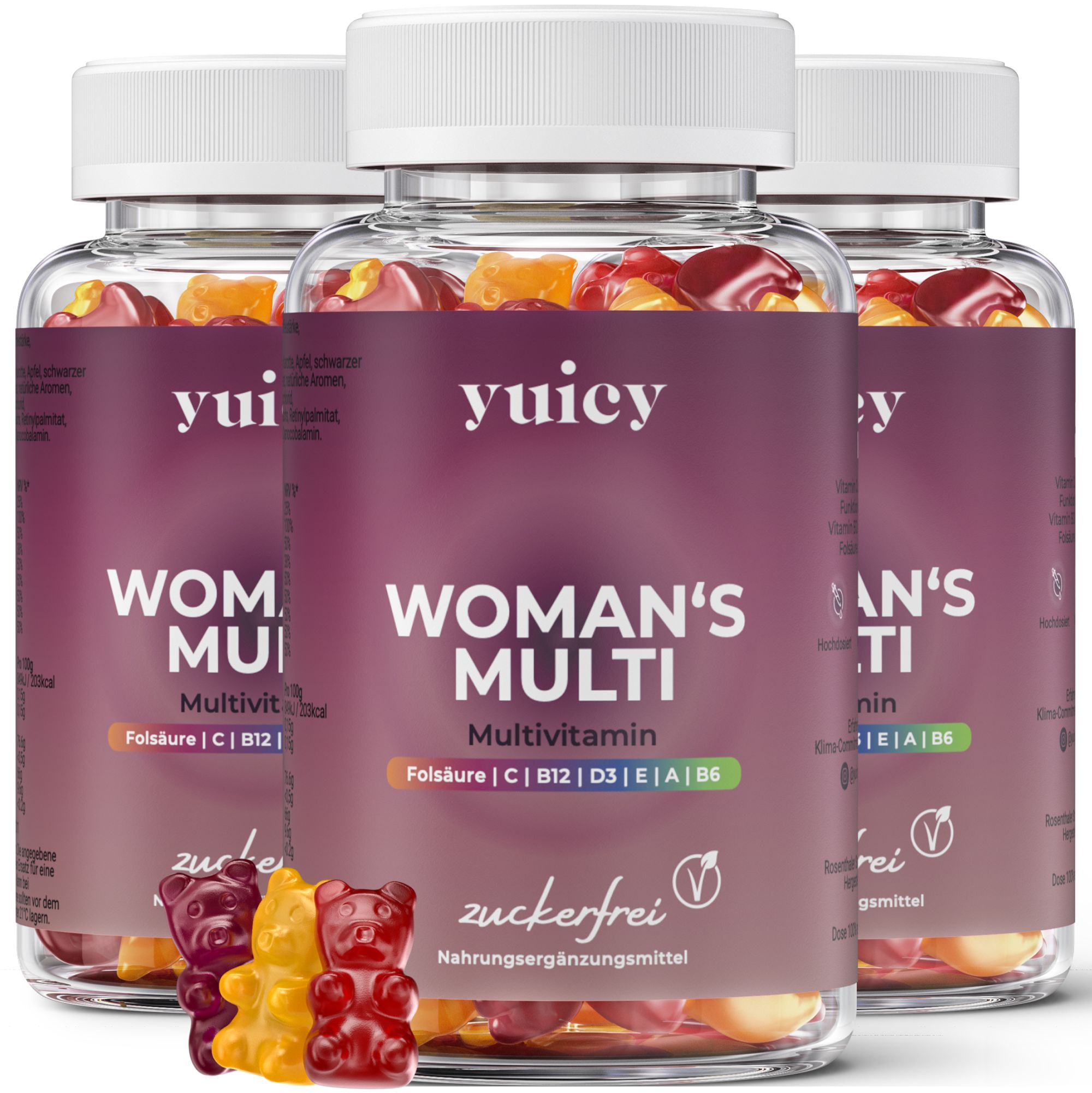 Drei Flaschen yuicy® Woman's Multi Gummies. Auf jeder Flasche steht "Woman's Multi" und "Multivitamin". Einige Gummibärchen liegen vor den Flaschen.