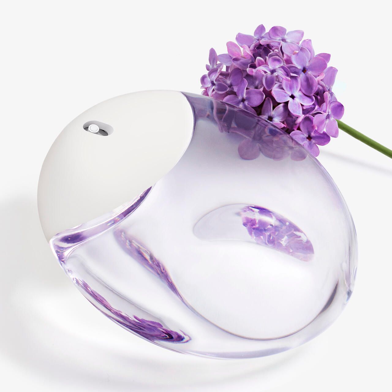 Runder Flakon mit weißem Deckel, gefüllt mit lila Flüssigkeit. Daneben lila Blüten.