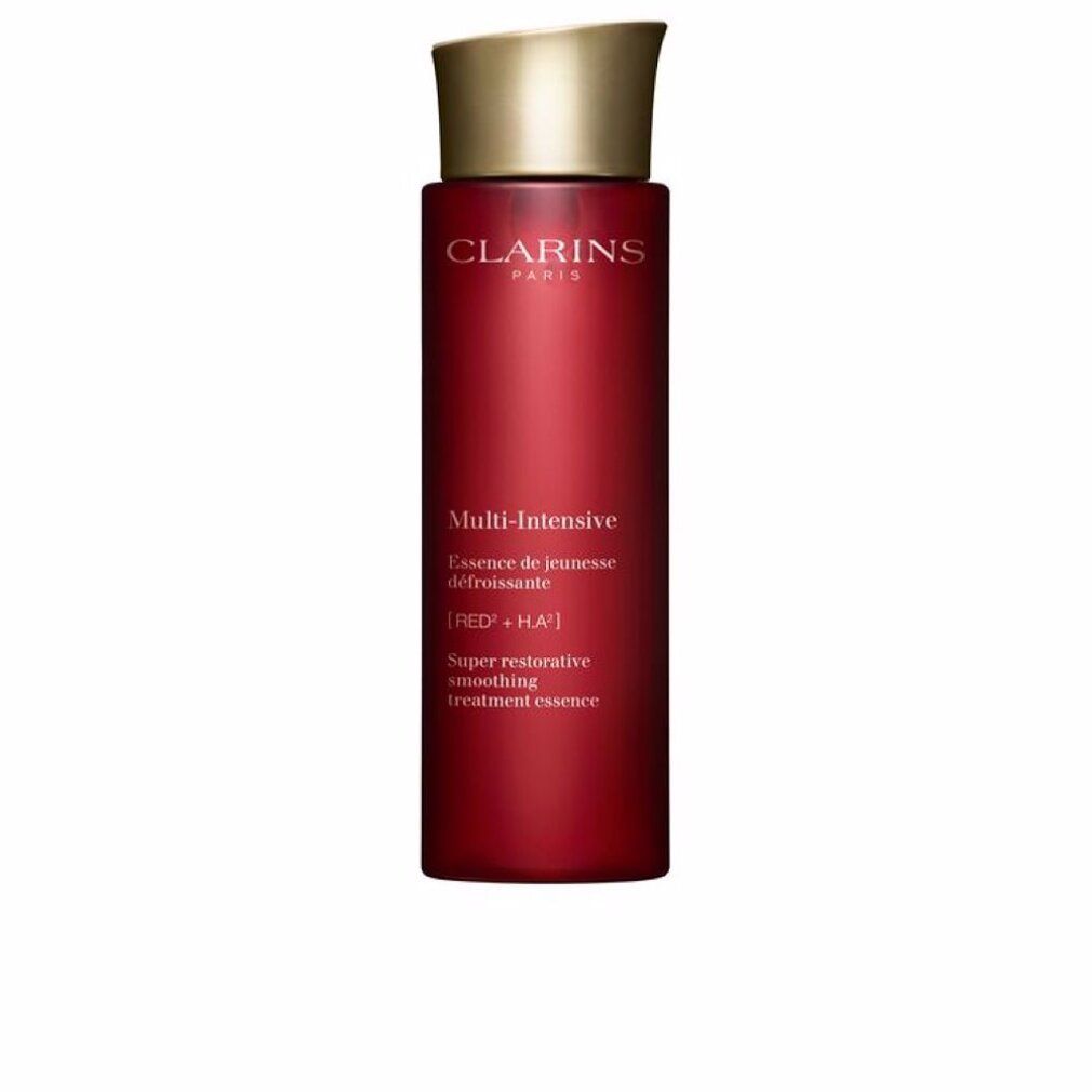 Rote Flasche mit goldfarbenem Deckel. Aufschrift: CLARINS PARIS, Multi-Intensive, Essence de jeunesse défroissante.