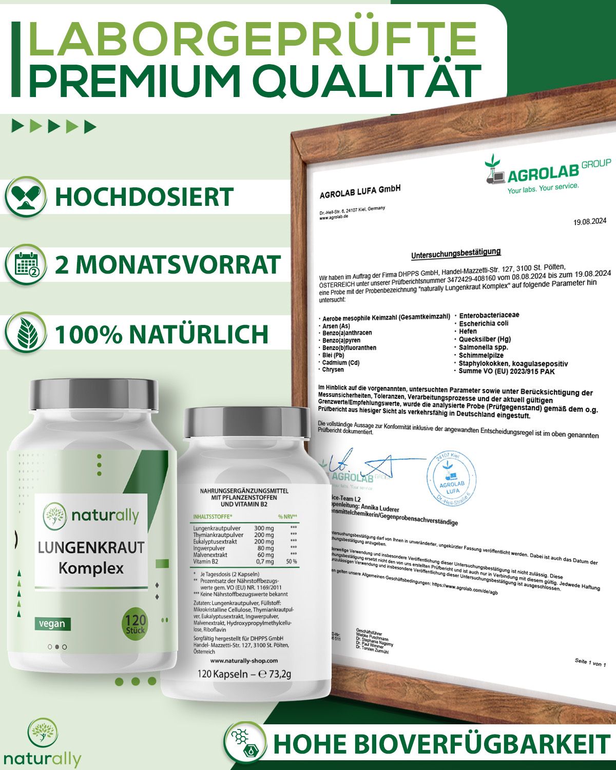 Zwei Flaschen und Analysebericht. Aufschrift: naturally Lungenkraut Komplex, 120 Kapseln. Laborgeprüfte Premium Qualität.