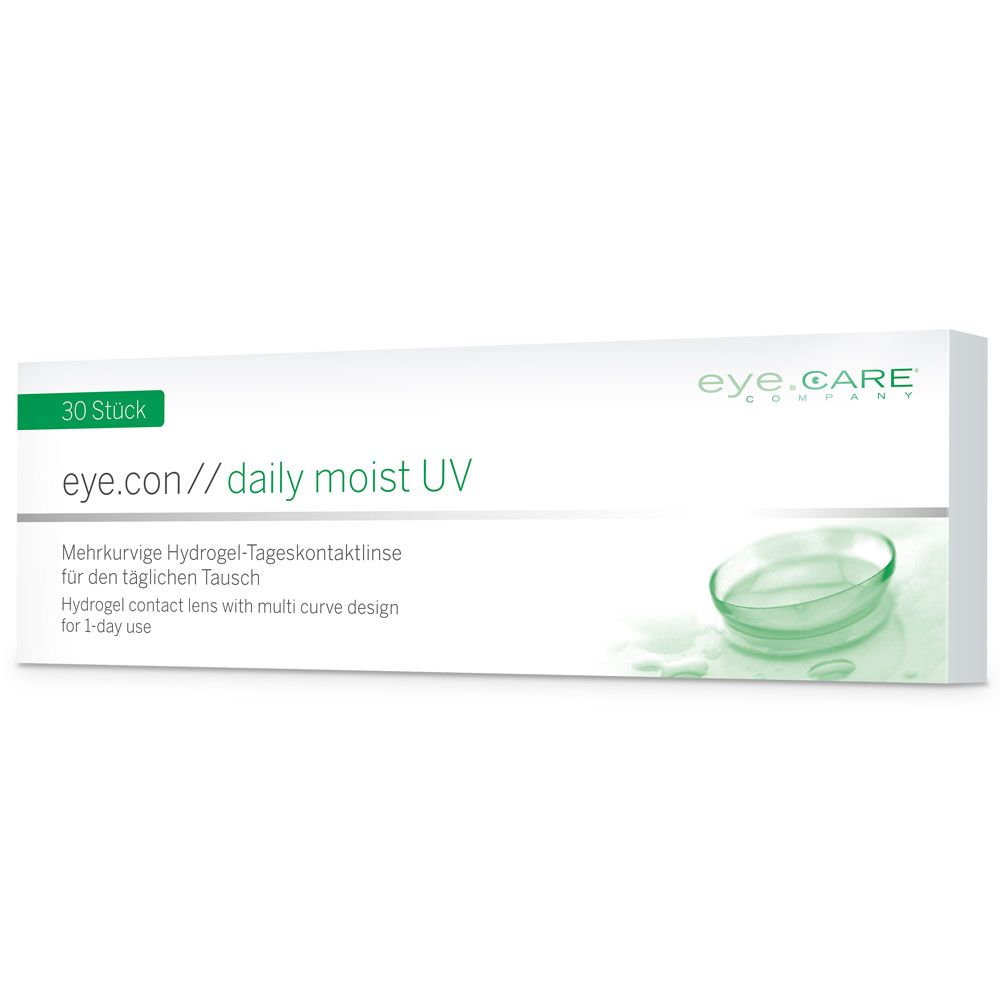 Weiße Verpackung mit Produktnamen eye.con // daily moist UV. Text: Mehrkurvige Hydrogel-Tageskontaktlinse. Abgebildet ist eine Kontaktlinse.