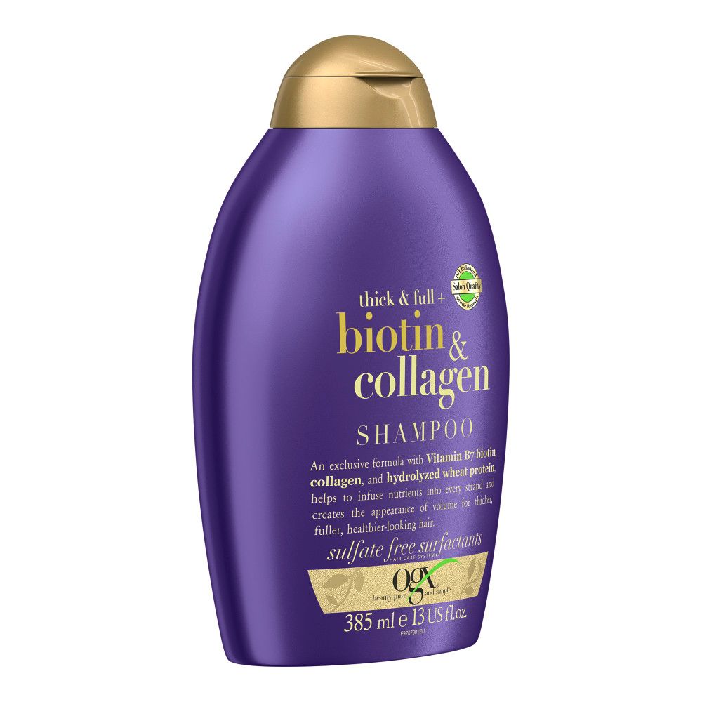 Violette Shampoo-Flasche mit goldfarbenem Deckel. Aufschrift: Biotin & Collagen, Shampoo, 385 ml.