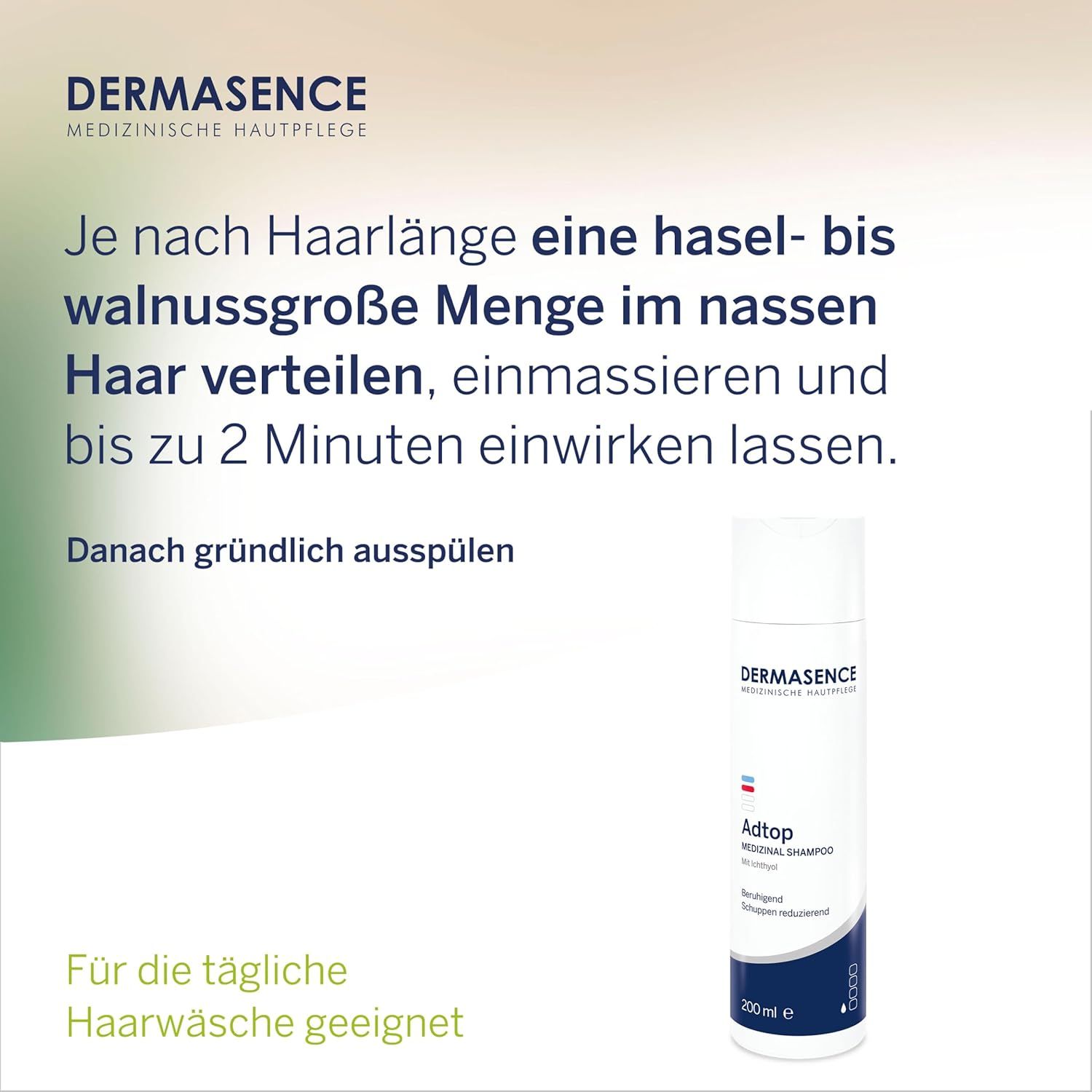 Weißes Shampoo mit blauer Banderole. Text: DERMASENCE, Adtop. Anwendungsanleitung.