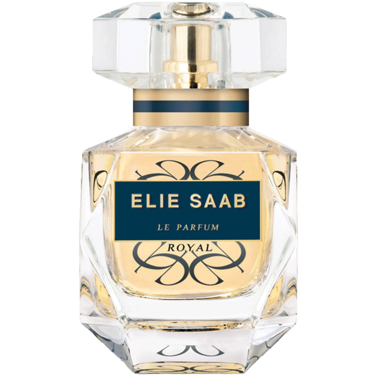 Parfümflakon mit blauem Etikett. Aufschrift: ELIE SAAB, LE PARFUM ROYAL. Transparenter Deckel.
