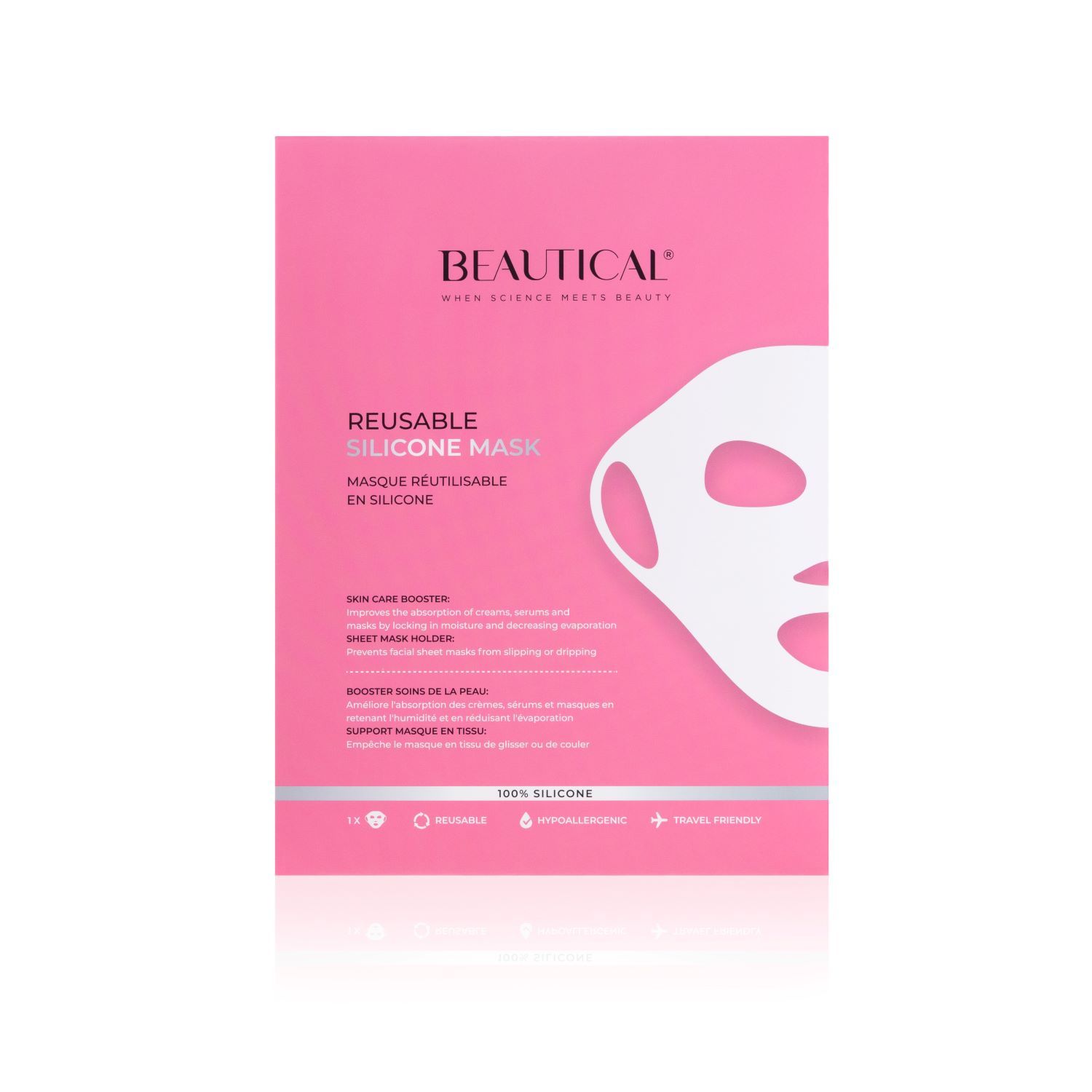 Rosa Verpackung mit weißer Silikonmaske. Text: BEAUTICAL, REUSABLE SILICONE MASK. Produktmerkmale sind aufgeführt.