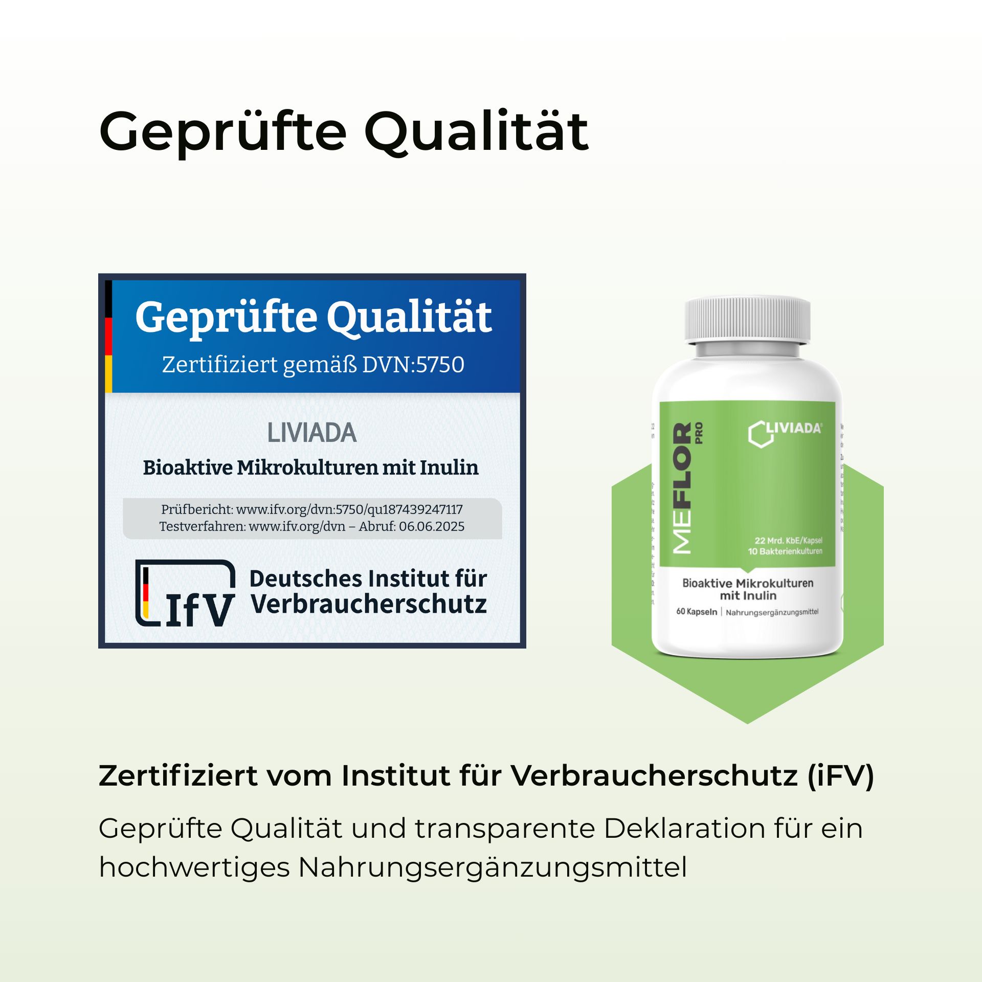 Weißes Pillenfläschchen mit LIVIADA MEFLOR PRO. Zertifiziertes Qualitätssiegel. Text: Geprüfte Qualität, Deutsches Institut für Verbraucherschutz.
