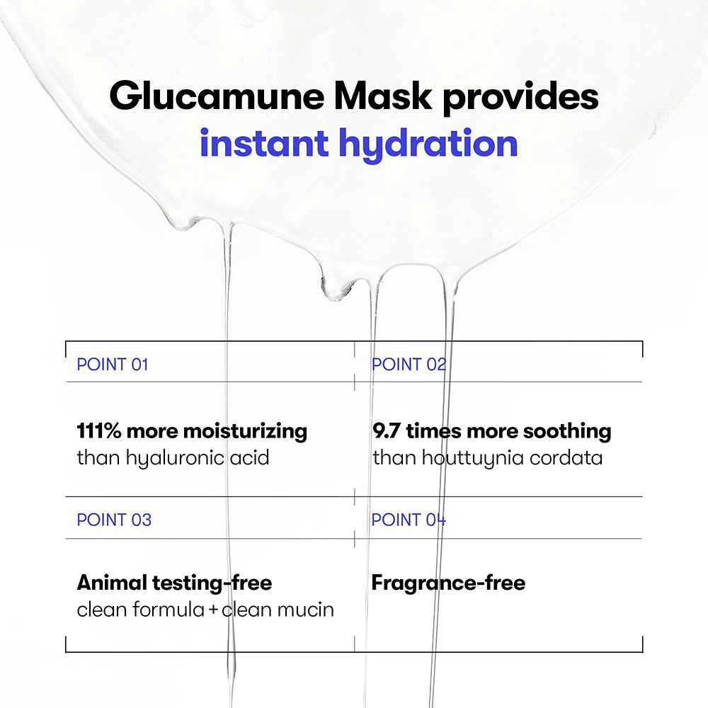 Grafik mit Text: Glucamune Maske bietet sofortige Feuchtigkeit. 111% mehr Feuchtigkeit als Hyaluronsäure. Tierversuchsfrei. Duftstofffrei.