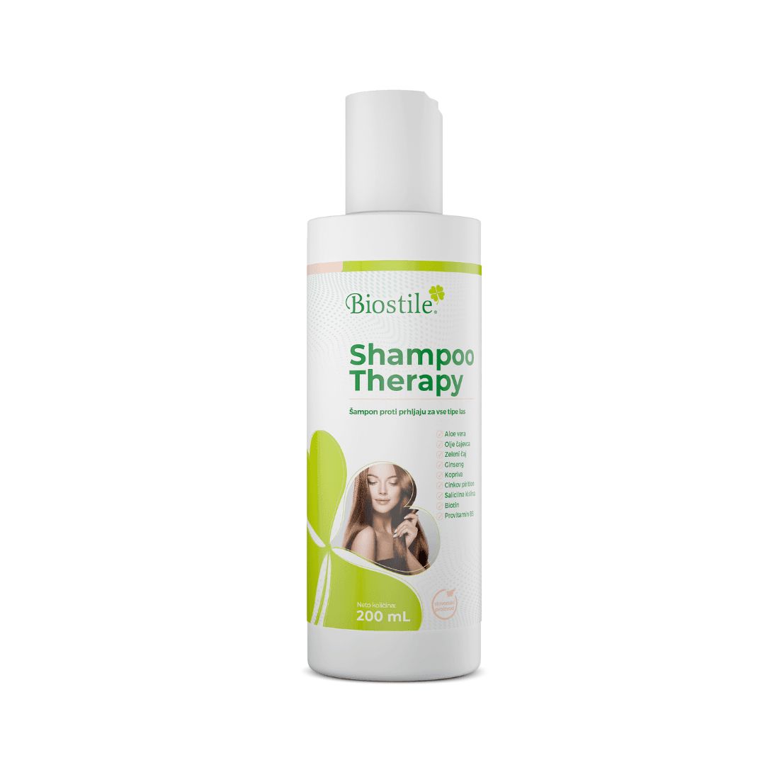 Biostile Shampoo-Therapie Flasche. Weiß, grünes Etikett. Auf weißem Hintergrund.
