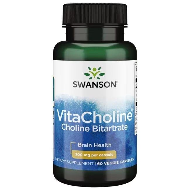Grüne Flasche mit schwarzem Deckel. Aufschrift: SWANSON VitaCholine Choline Bitartrate, 300 mg pro Kapsel. 60 Kapseln.