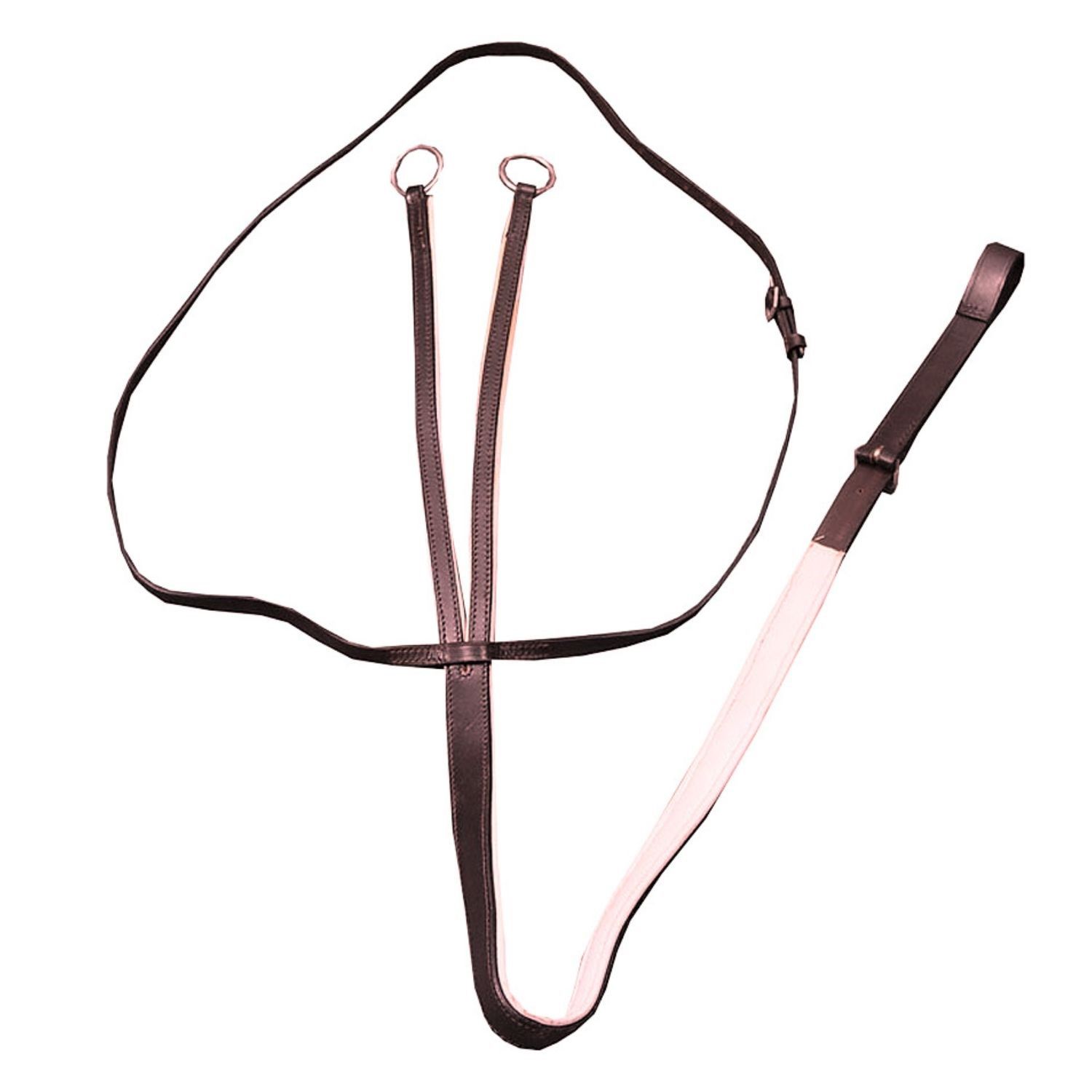 Martingal, Leder, schwarz. Zwei Ringe, ein Riemen. Für Pferde. Detailansicht.