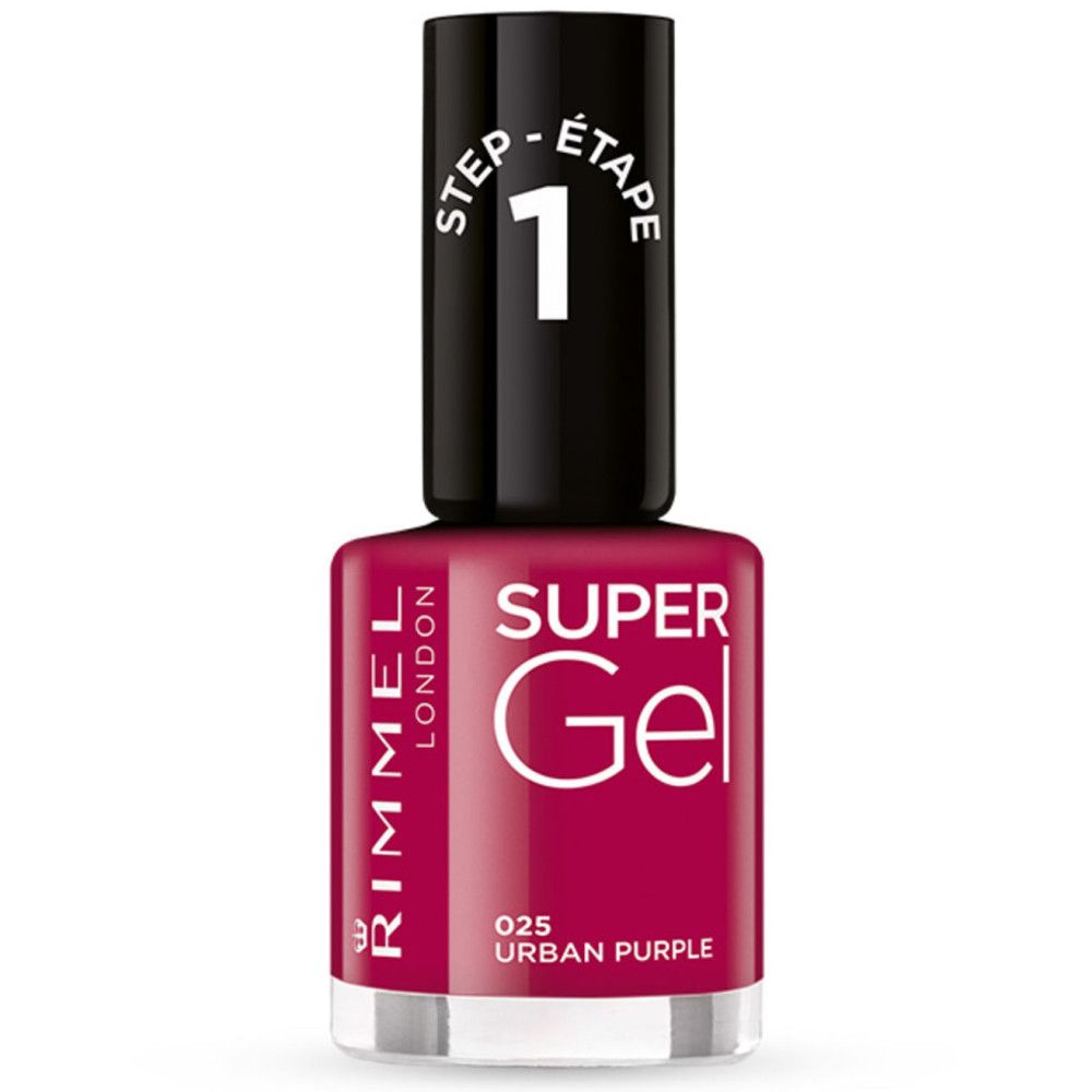 Nagellackflasche, rot-violett. Schwarzer Deckel mit weißer Aufschrift. "SUPER Gel" und "RIMMEL LONDON" sichtbar.