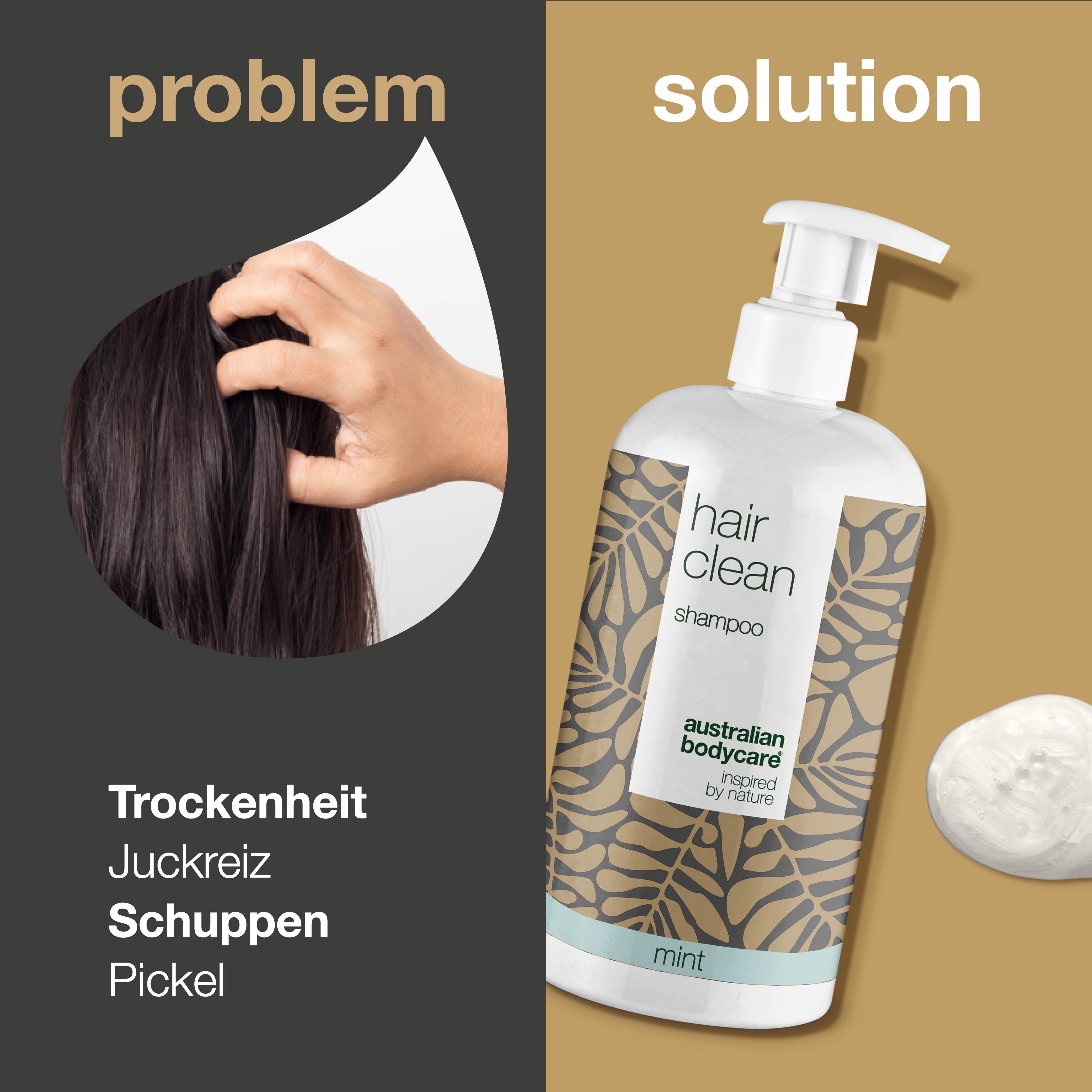 Shampoo-Flasche mit Aufschrift Hair Clean. Text: Shampoo gegen Schuppen und eine schuppige Kopfhaut.