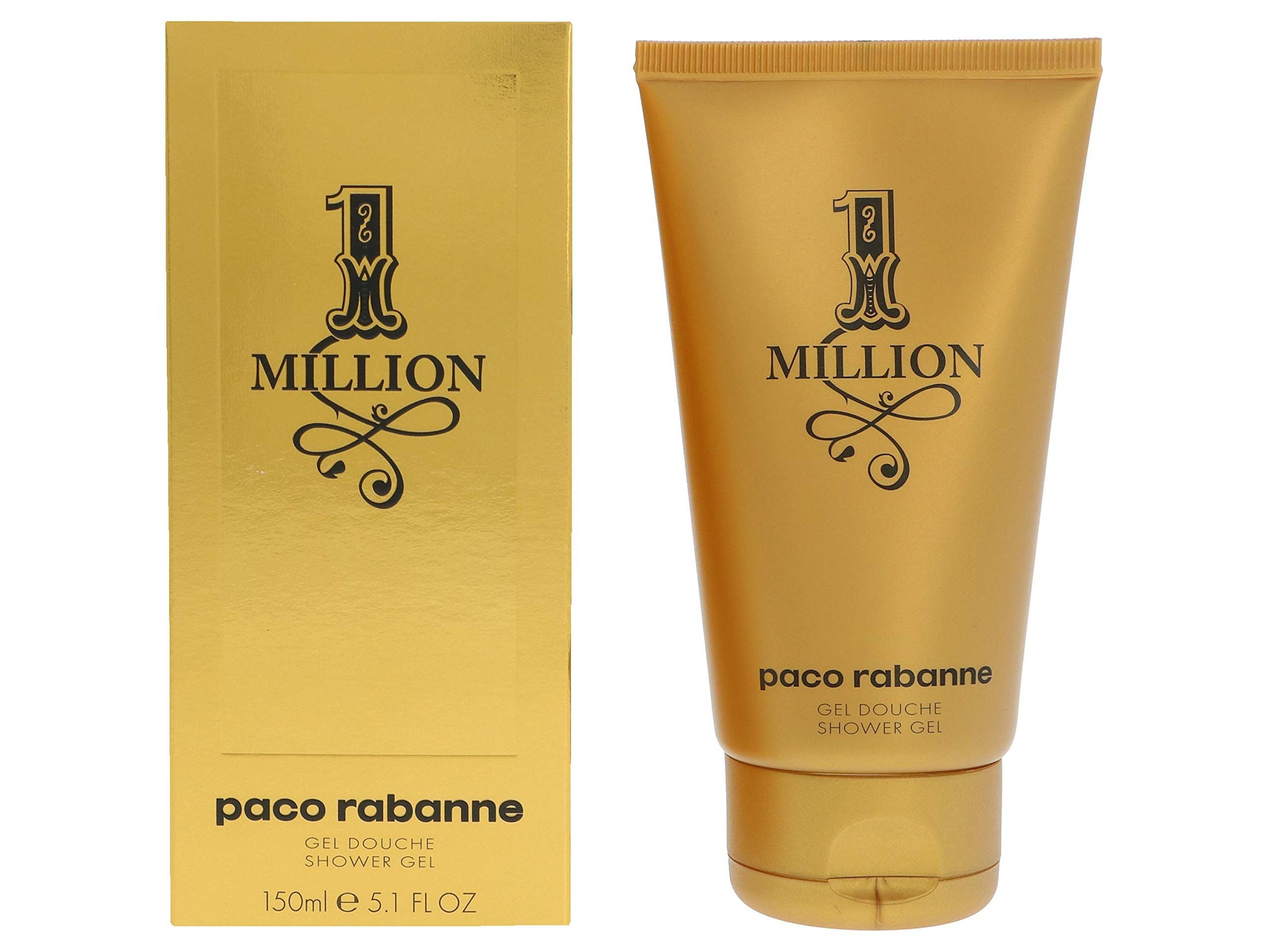 Goldfarbene Tube und Schachtel. Schwarzes "1 Million" Logo und Schriftzug "paco rabanne". Gel Douche/Shower Gel.