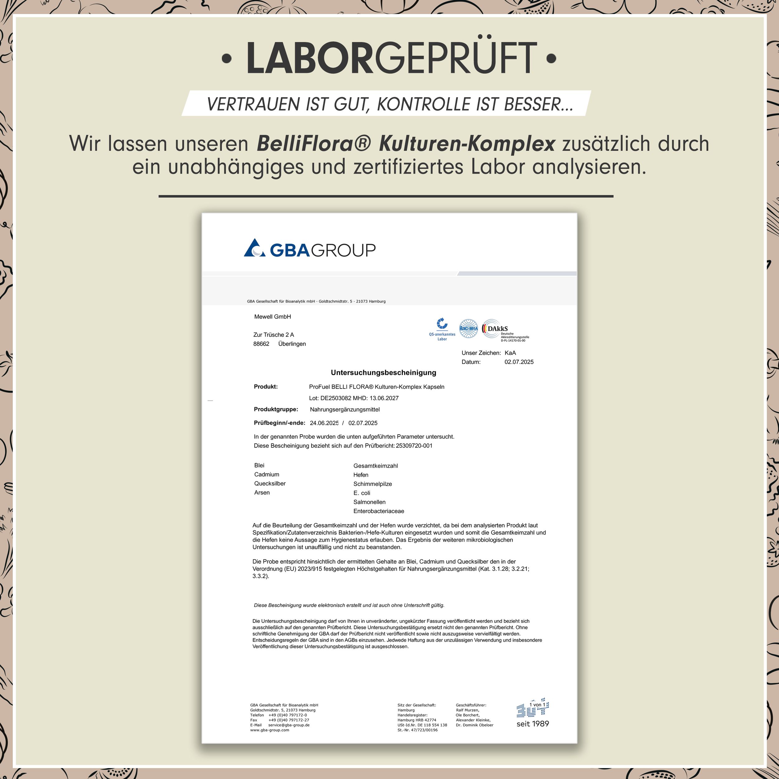 Laborbericht. Text: Belli Flora® Kulturen-Komplex. GBA Group. Analyseergebnisse. Zertifizierung.