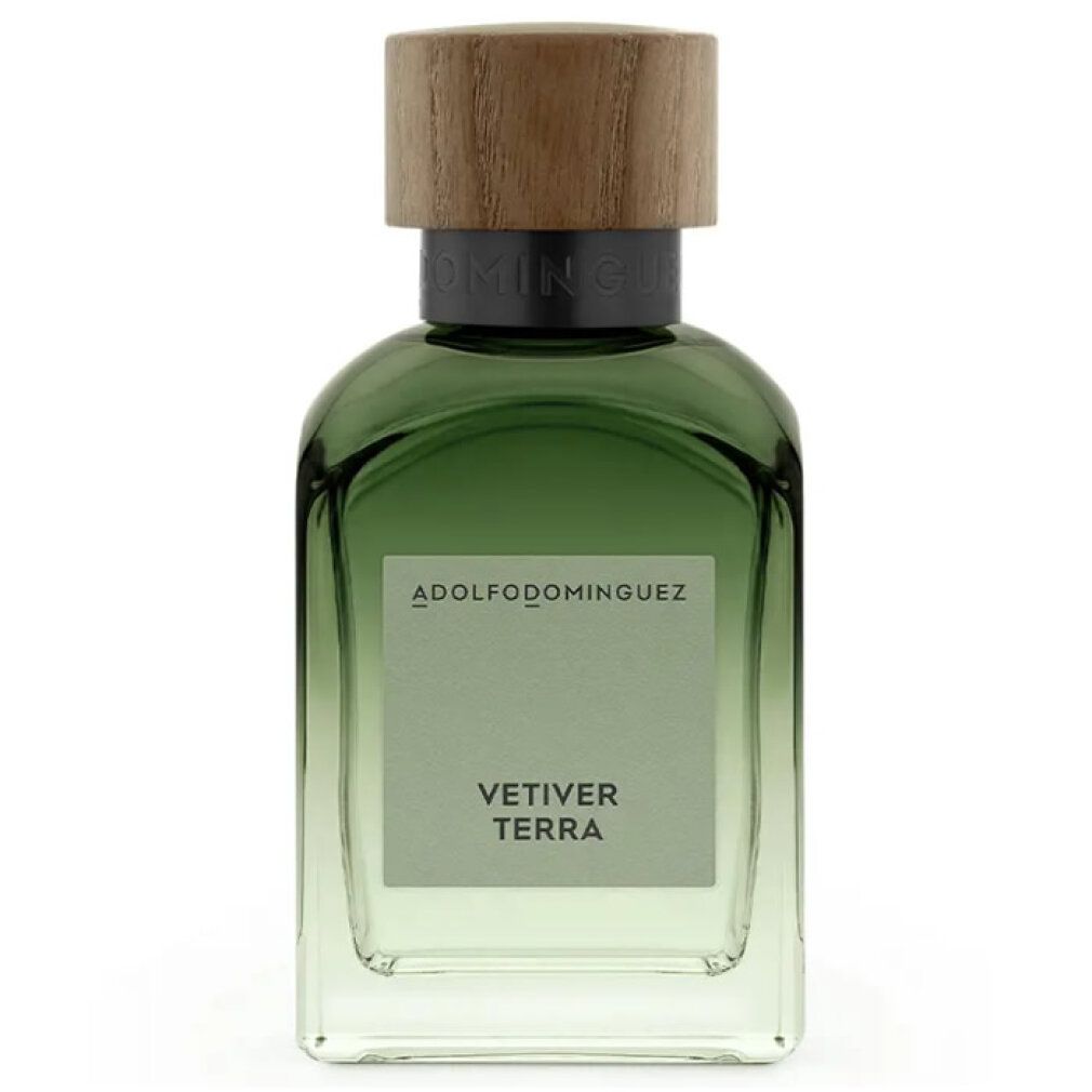 Grüne Glasflasche mit Holzdeckel. Aufschrift: VETIVER TERRA. Marke: ADOLFODOMINGUEZ.