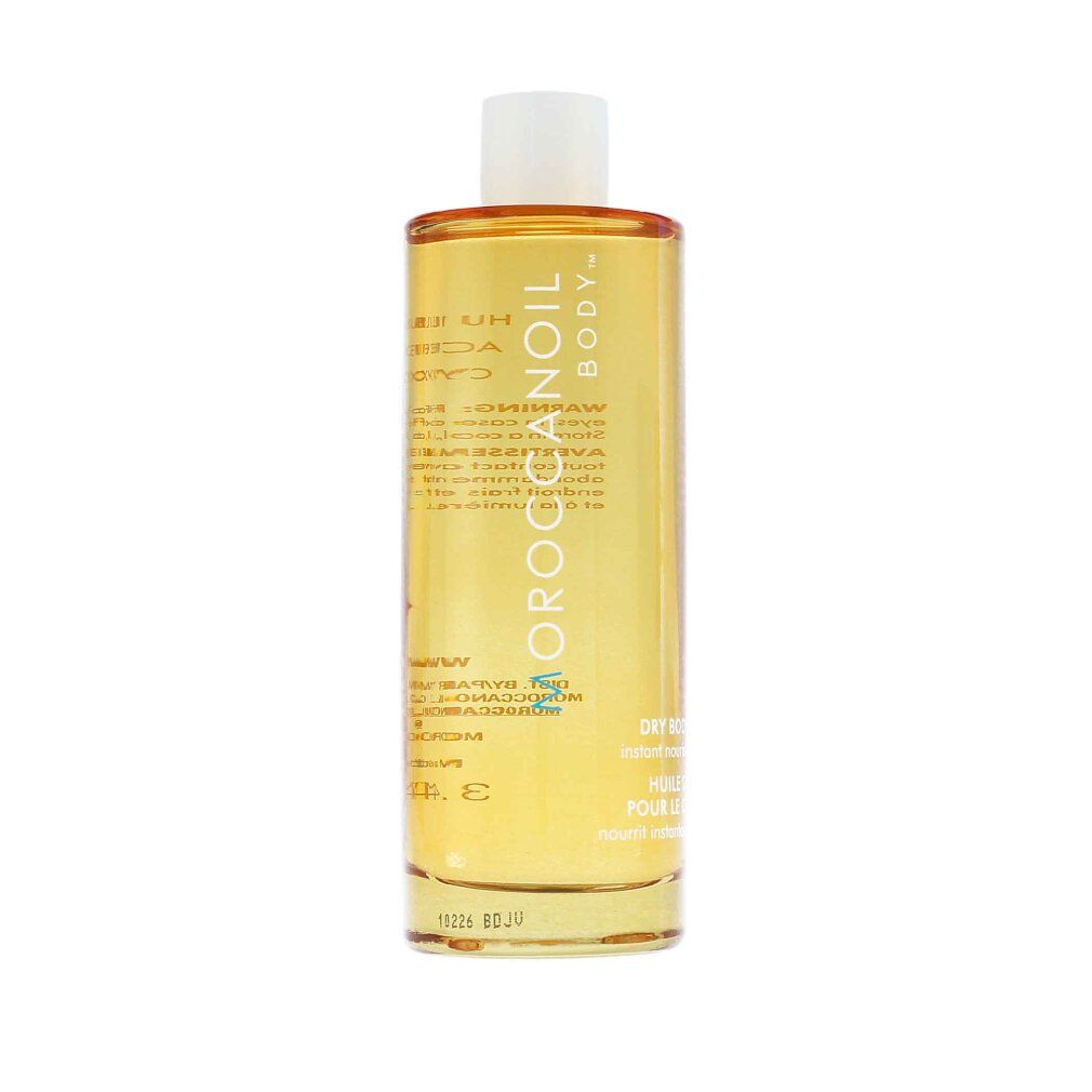 Transparente Flasche mit gelbem Inhalt. Weißer Deckel. Text: Moroccanoil Body, Dry Body Oil.