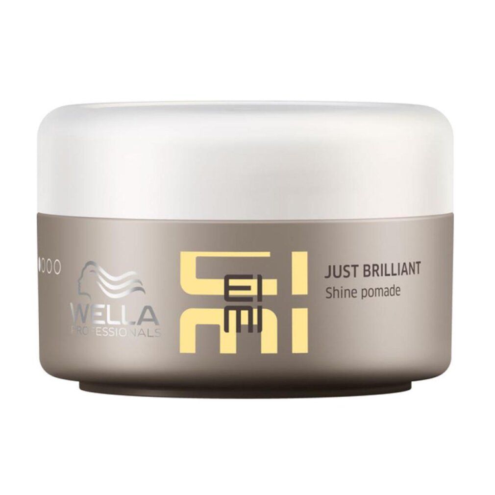 Ein brauner Tiegel mit weißem Deckel, beschriftet mit "Wella Professionals EIMI JUST BRILLIANT Shine pomade".