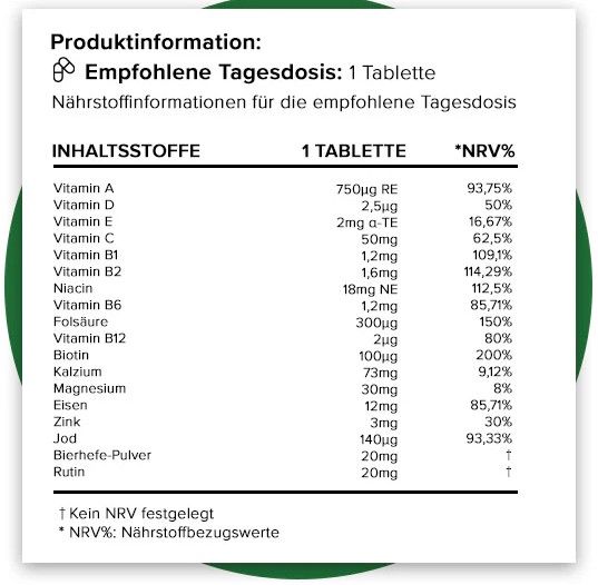 Nährwerttabelle. Inhaltsstoffe, Menge pro Tablette, %NRV. Vitamin A, D, E, C, B1, B2, Niacin, B6, Folsäure, B12, Biotin, Kalzium, Magnesium.