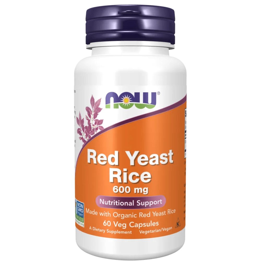 Weiße Flasche mit rotem Etikett. Aufschrift: Red Yeast Rice 600 mg. Enthält 60 Veg-Kapseln. Marke: NOW.