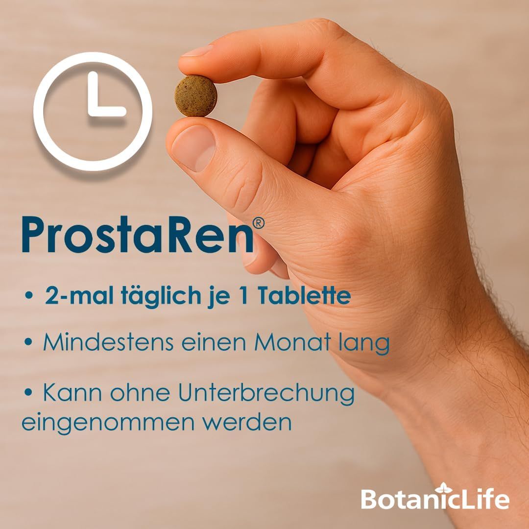 Hand hält Tablette. Text: ProstaRen, 2-mal täglich je 1 Tablette, mindestens einen Monat lang, kann ohne Unterbrechung eingenommen werden.