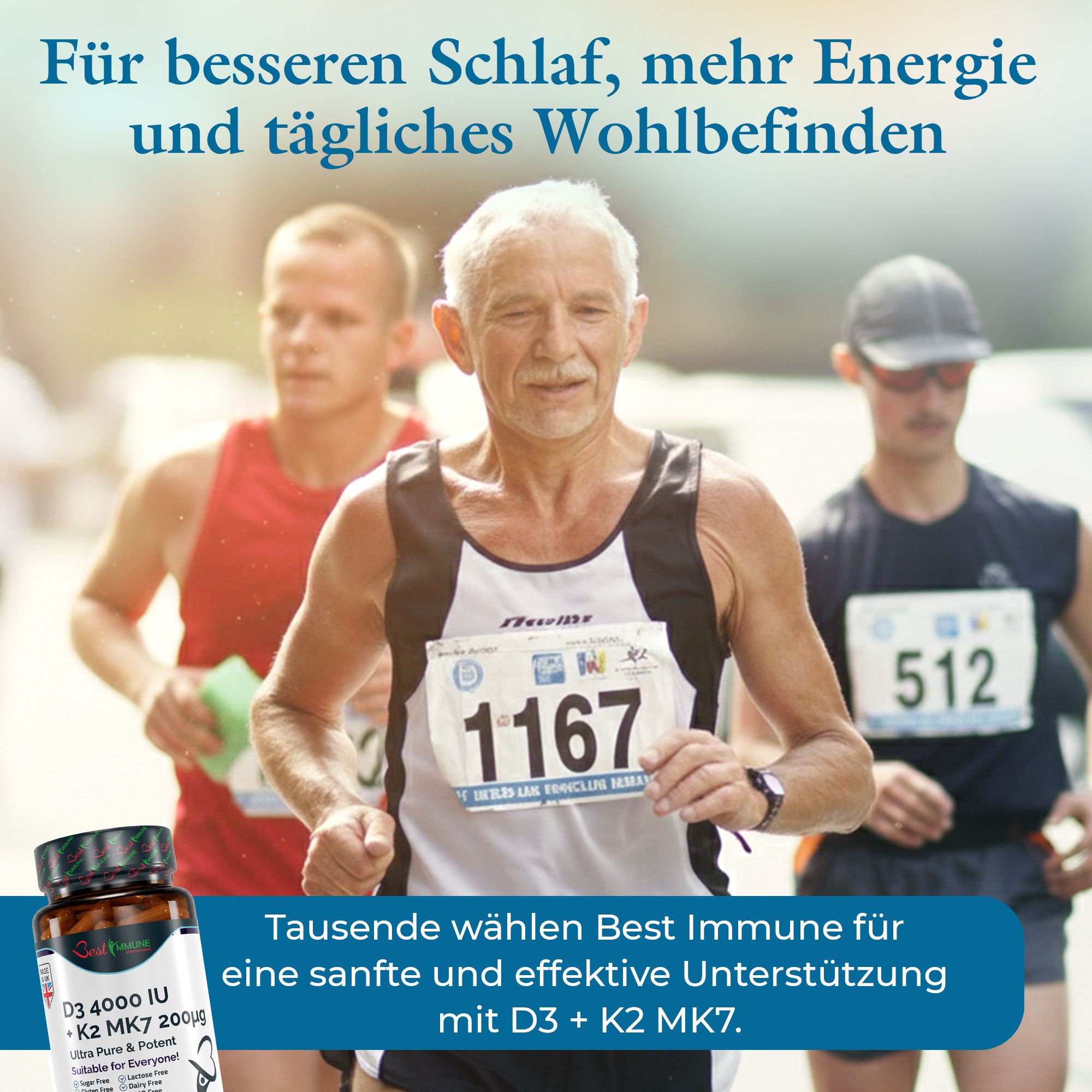 Drei Läufer bei einem Rennen. Im Vordergrund eine Flasche D3 + K2 MK7 Nahrungsergänzungsmittel.