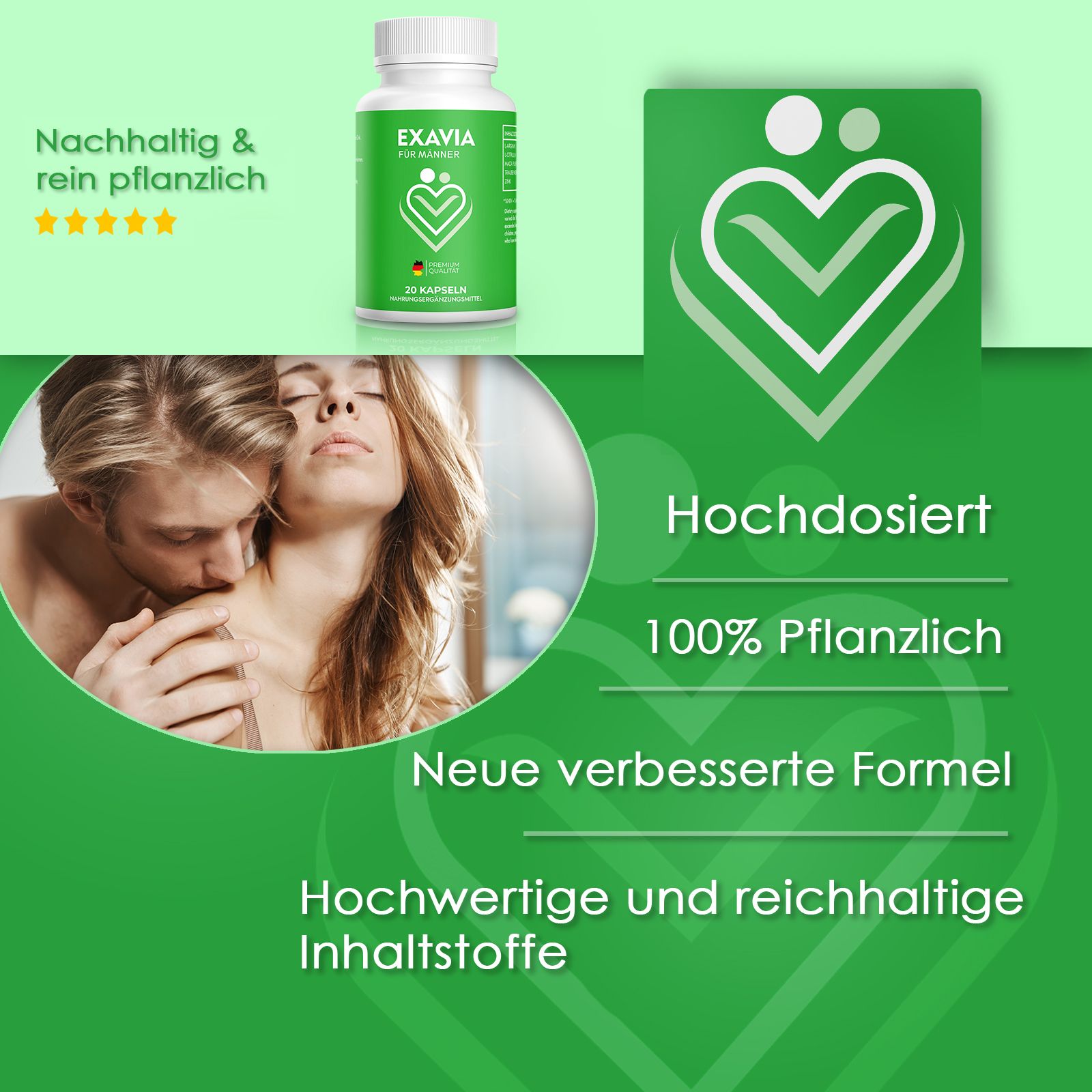 Grüner Hintergrund mit Produktflasche. Text: Hochdosiert, 100% Pflanzlich, Neue verbesserte Formel, Hochwertige Inhaltsstoffe.