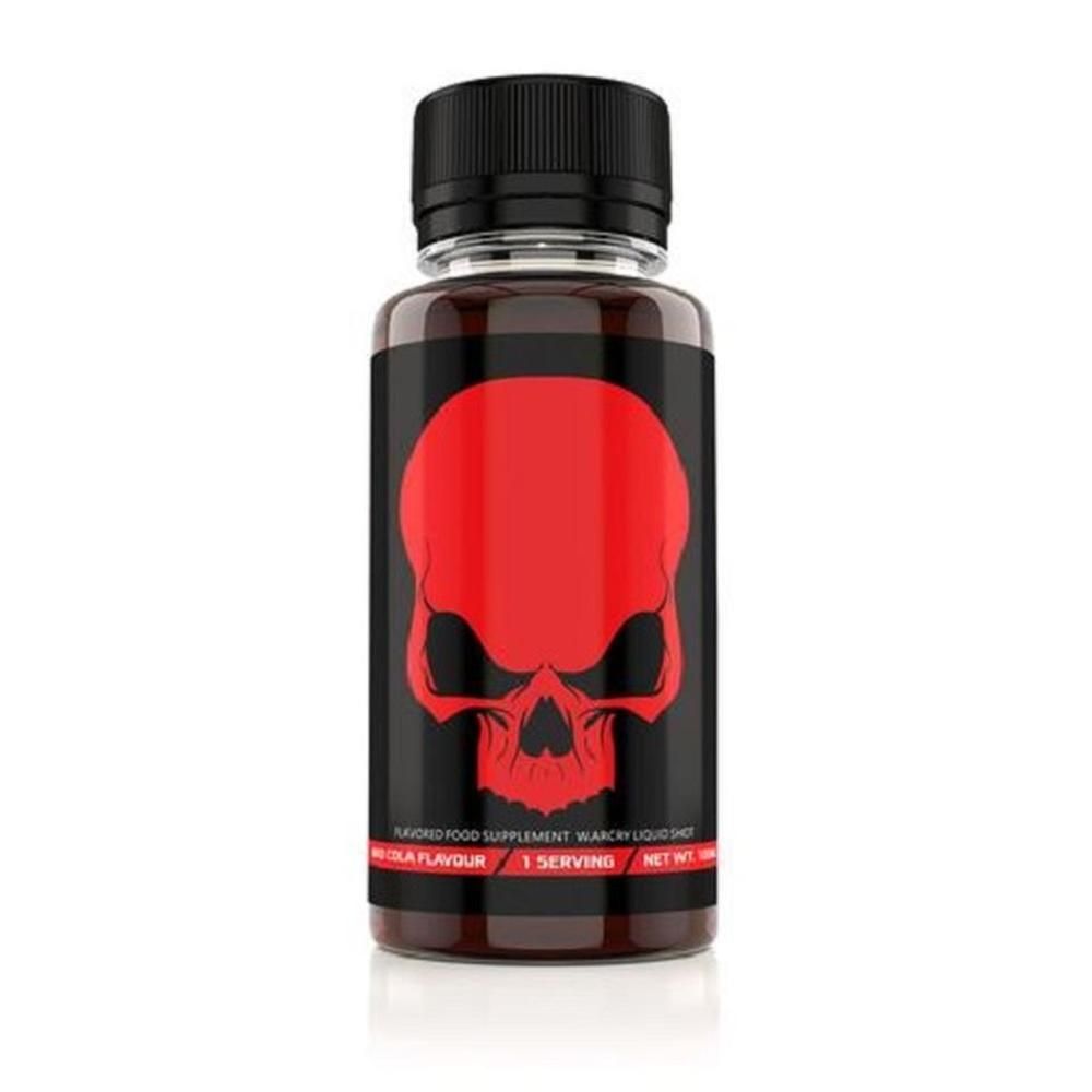 Klarflasche mit schwarzem Deckel. Schwarzes Etikett mit rotem Totenkopf. Text: Warcry Liquid Shot Cola Flavour.