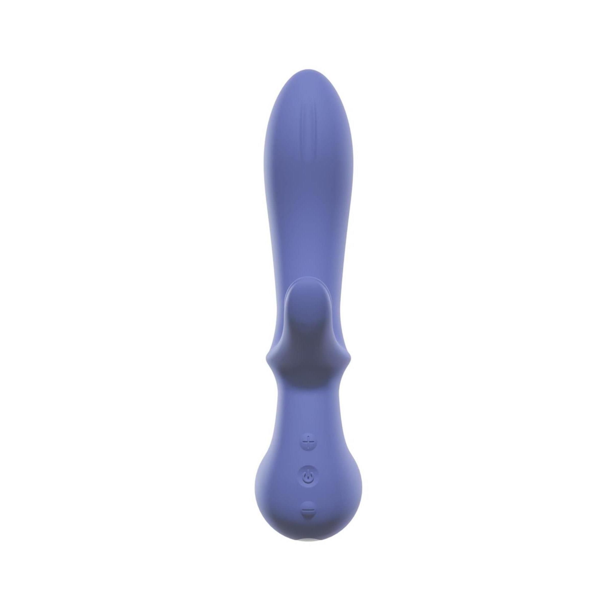 Lila Vibrator mit länglichem Schaft und drei Stimulationsbereichen. Drei Knöpfe an der Basis. Weißer Bereich an der Unterseite.