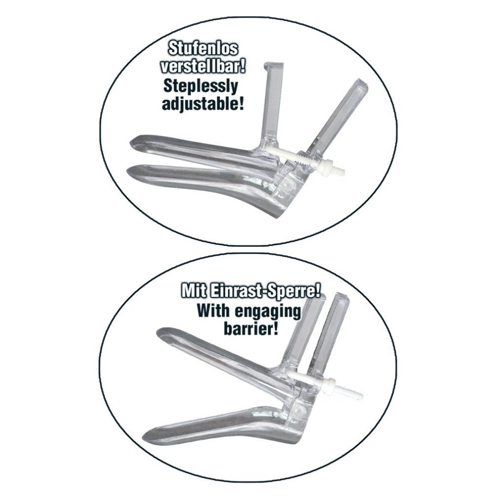 Zwei Abbildungen eines medizinischen Instruments. Beschriftungen: 'Stufenlos verstellbar!' und 'Mit Einrast-Sperre!' Transparente Kunststoffkonstruktion.