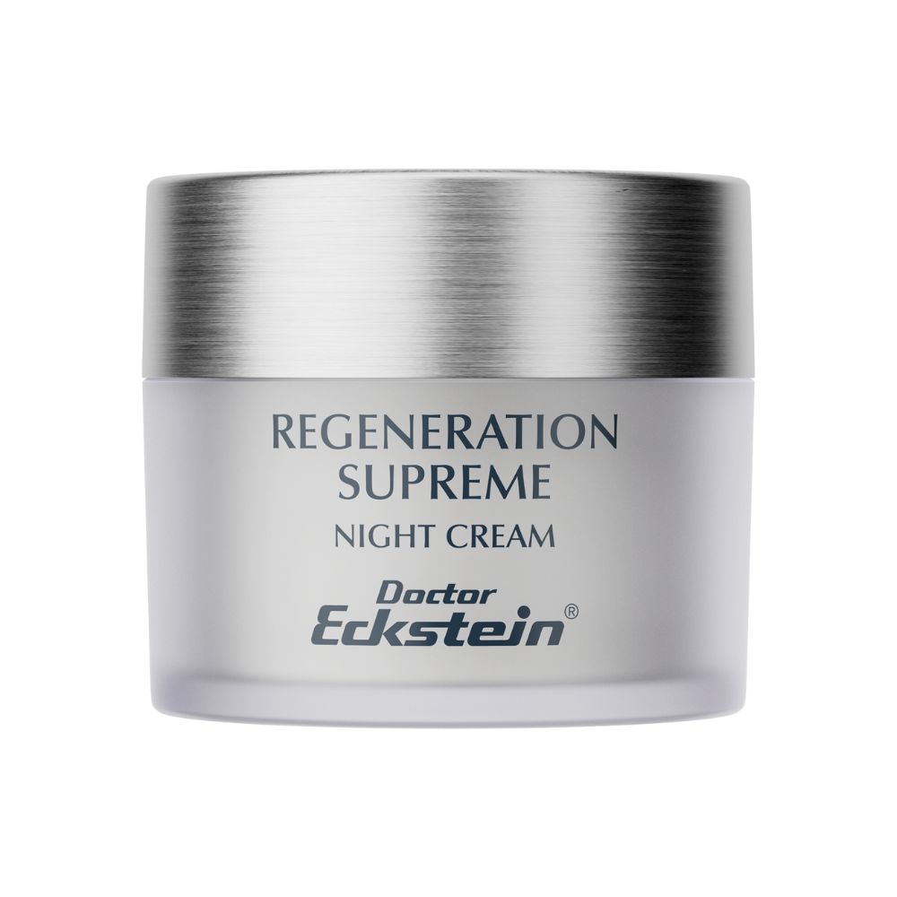 Creme-Tiegel mit silbernem Deckel. Aufschrift: Regeneration Supreme Night Cream. Marke: Doctor Eckstein.
