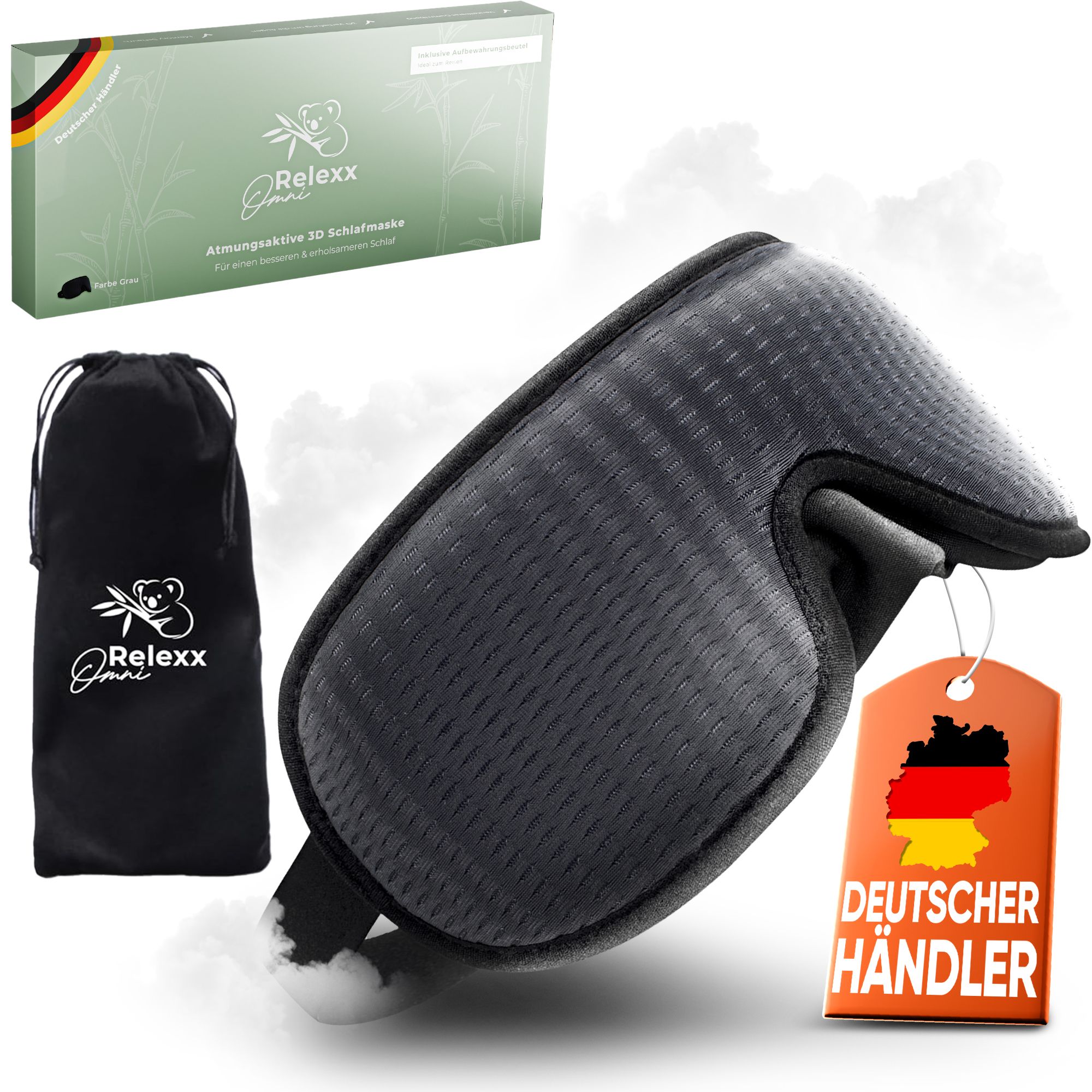 Schlafmaske, Reisebeutel, Verpackung und Anhänger. Maske grau, atmungsaktiv. Beutel schwarz. Verpackung grün. Anhänger: Deutschland.