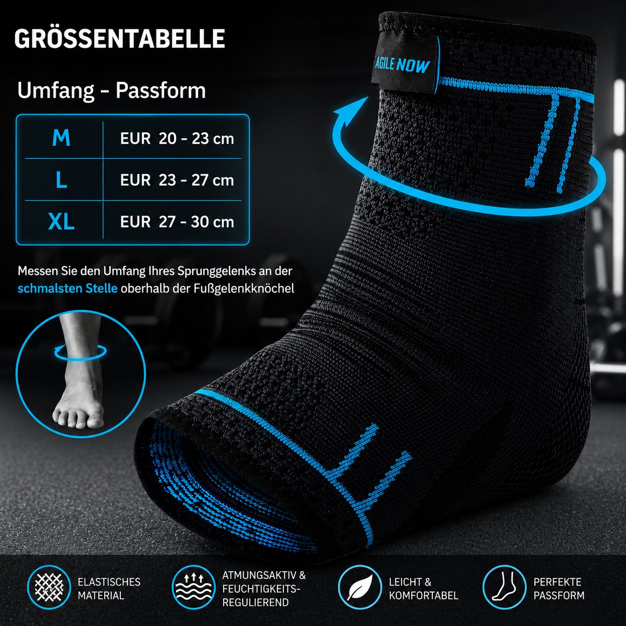 Schwarze Sprunggelenkbandage. Größentabelle: M, L, XL. Umfang-Passform. Textilmaterial. Blaue Akzente.