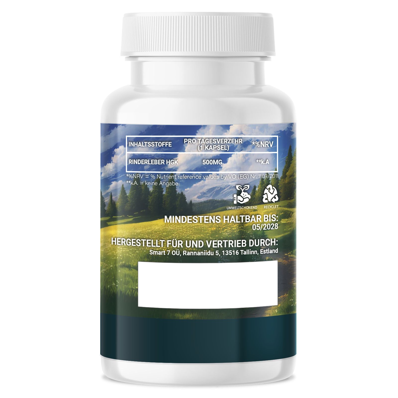 Rückseite einer weißen Kapsel-Flasche. Etikett mit Text: Rinderleber HGK, 500mg. Mindesthaltbarkeit 05/2028. Hergestellt für Smart 7 OU, Tallinn, Estland.