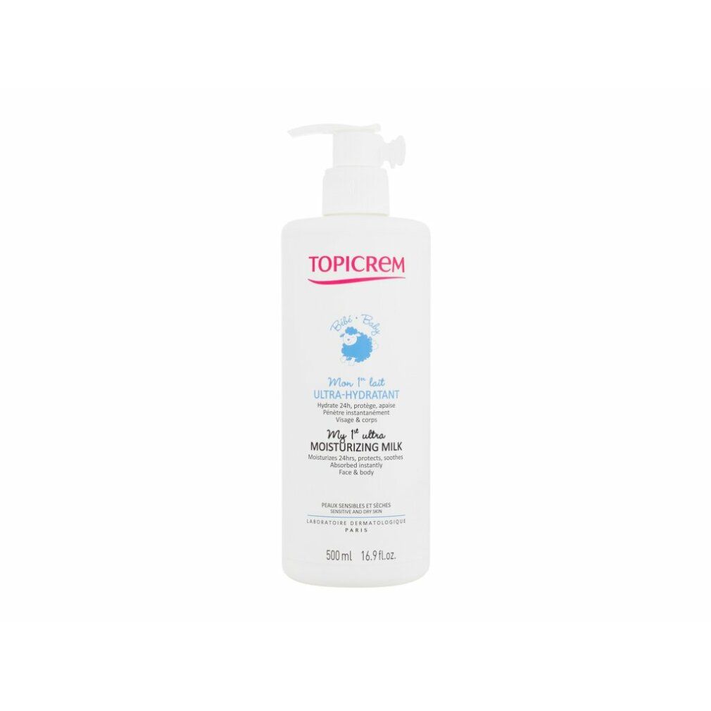 Weiße Flasche mit Pumpe. Roter Schriftzug TOPICREM. Blaue Schrift: Ultra-Hydratant. Text: Moisturizing Milk. 500ml.