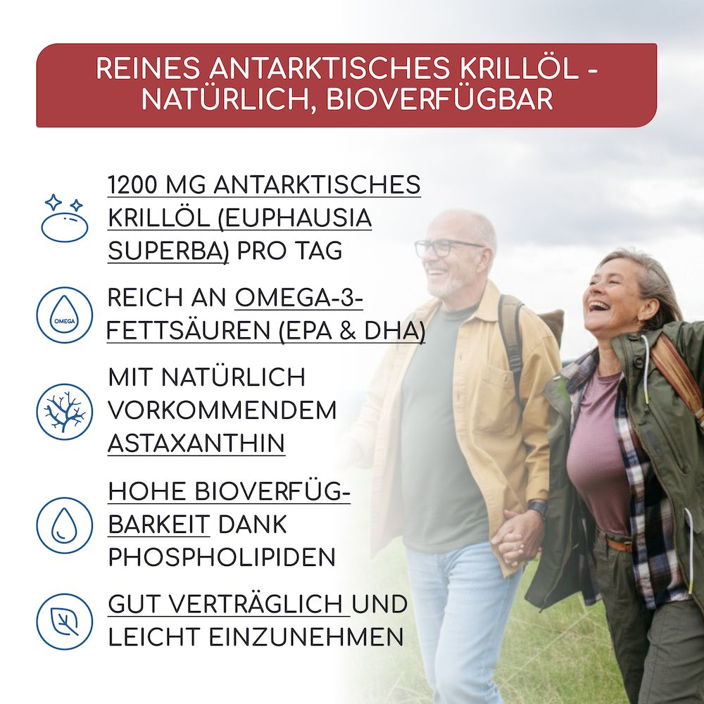 Älteres Ehepaar geht spazieren. Text: 1200 mg antarktisches Krillöl, reich an Omega-3-Fettsäuren, Astaxanthin und Phospholipiden.