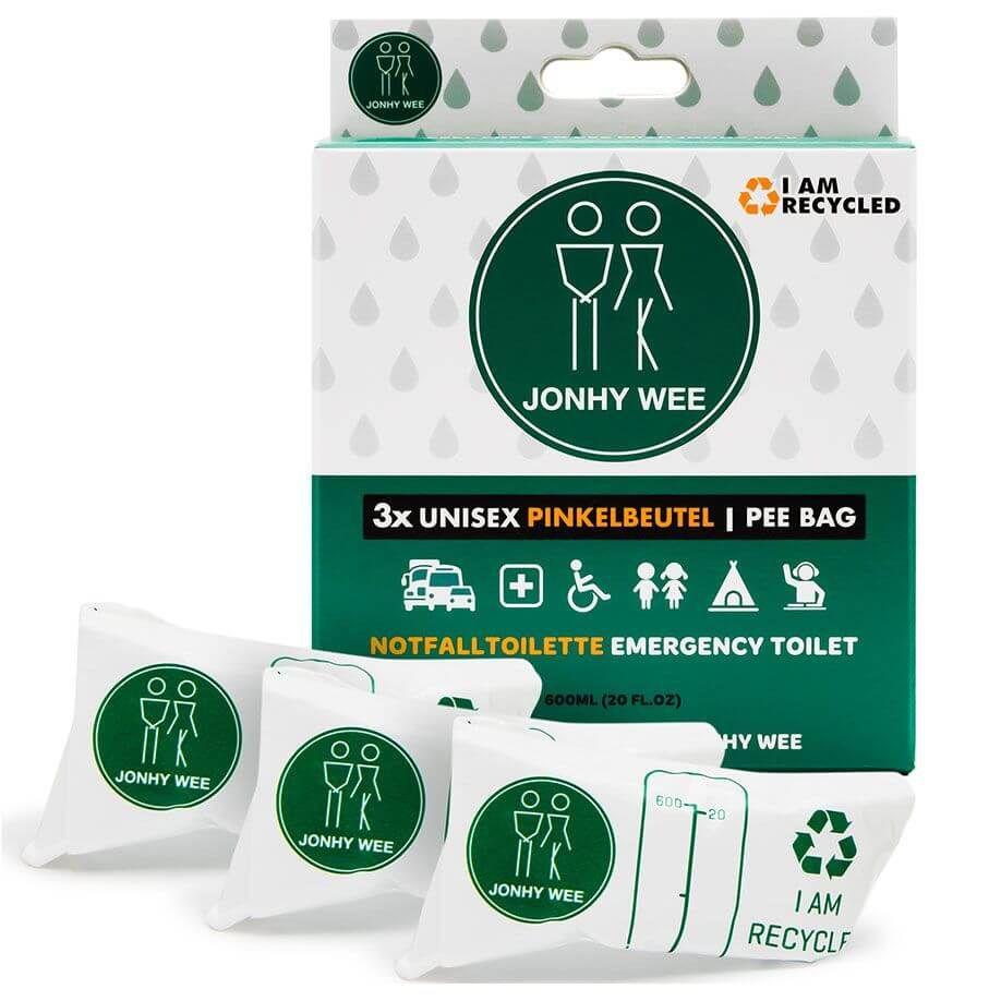 Packung mit 3 Unisex Pinkelbeuteln. Grüne und weiße Verpackung mit Logo und Text. "I AM RECYCLED"-Logo.