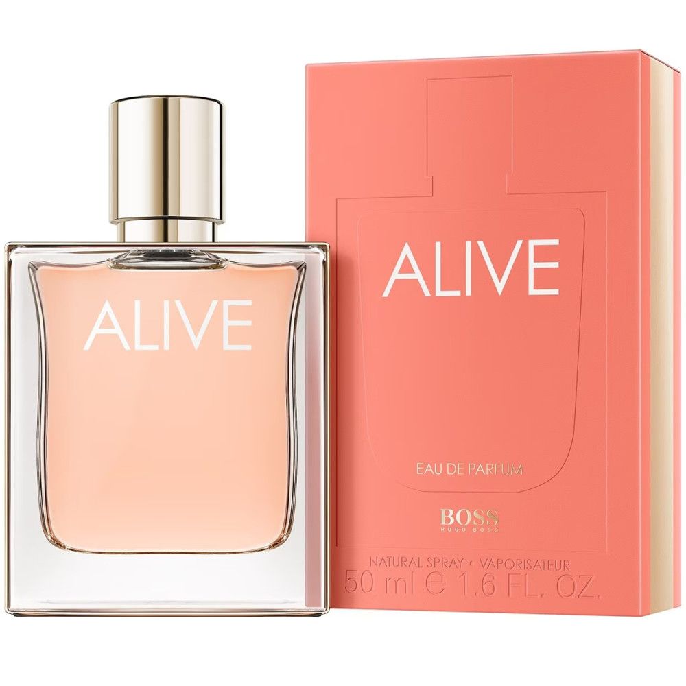 Parfümflakon und Verpackung. Flakon mit Aufschrift "ALIVE". Verpackung in Rosa mit "ALIVE" und "BOSS".