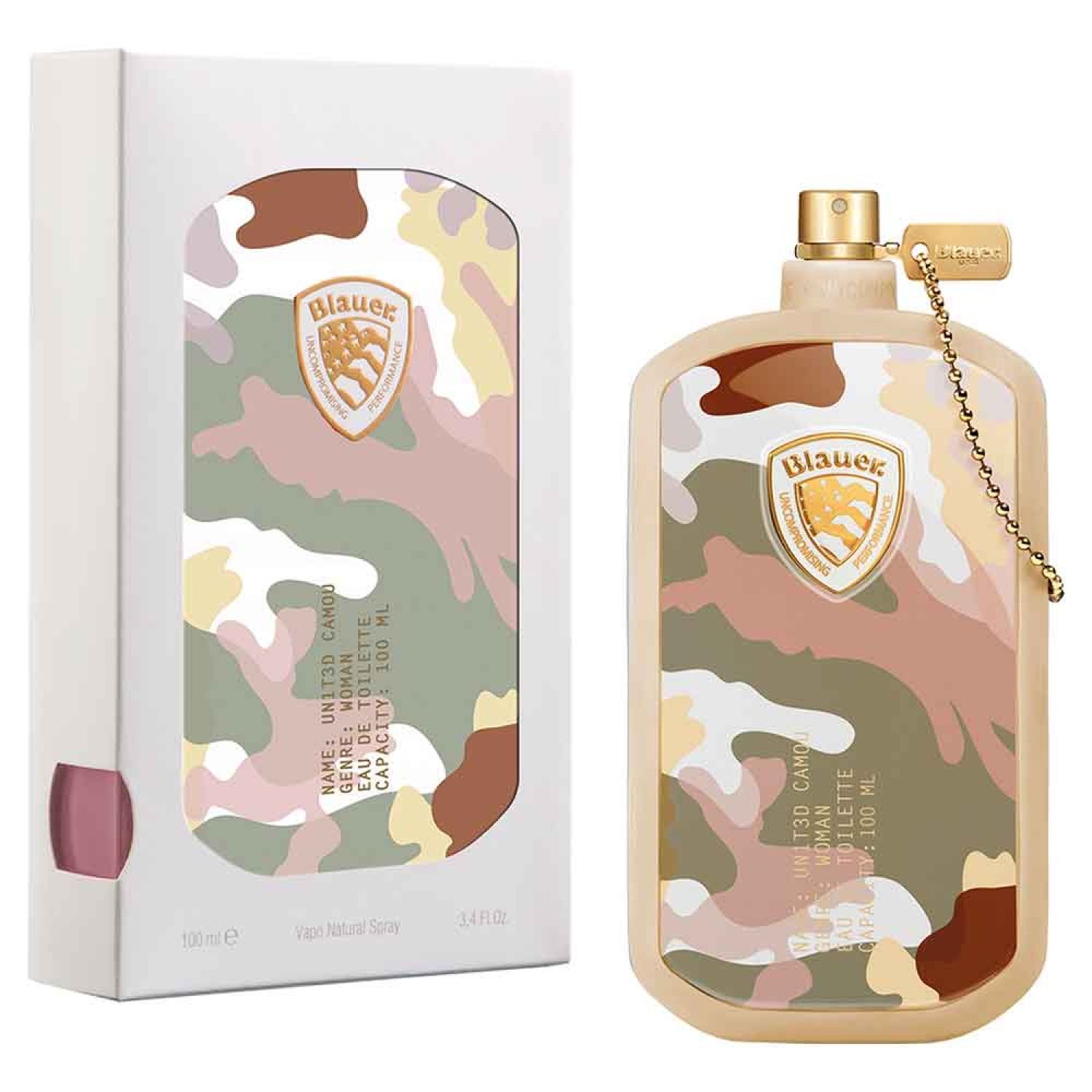 Parfümflakon mit Camouflage-Muster und Markenlogo. Inklusive Verpackung.