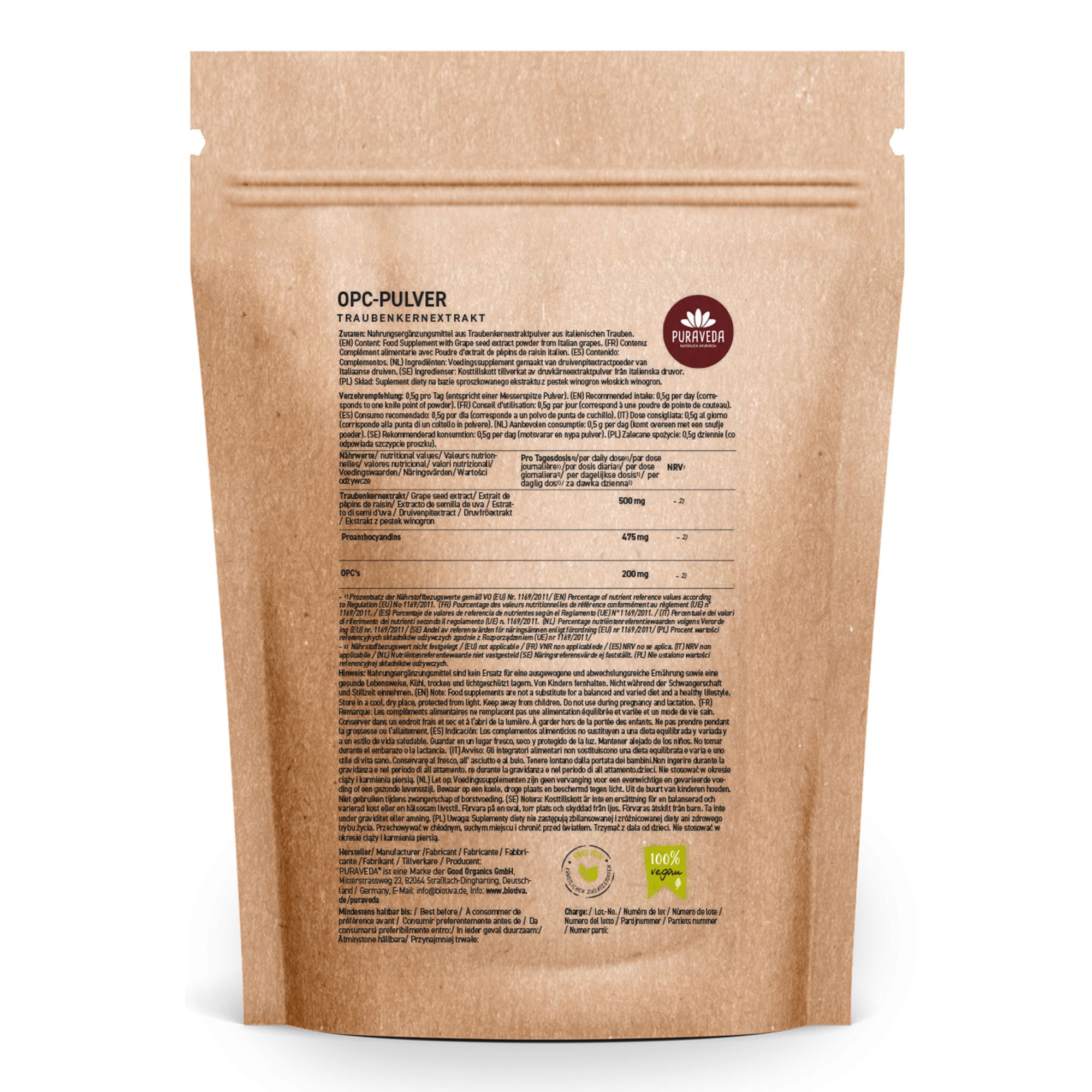 Rückseite einer braunen Papiertüte mit Produktinformationen und Text. Enthält Informationen zu Inhaltsstoffen und Nährwerten.