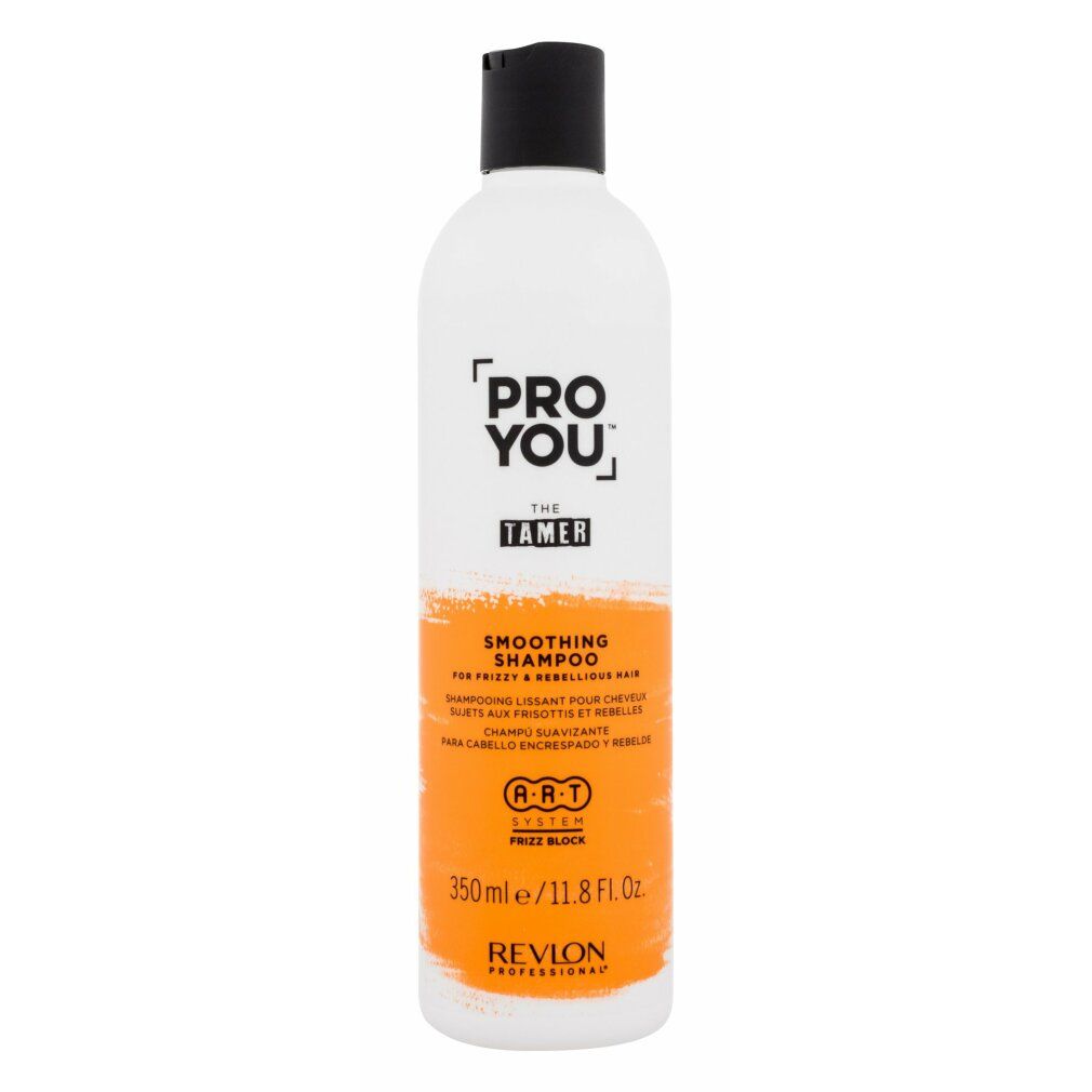 Weiße Flasche mit schwarzem Deckel. Aufschrift: PRO YOU THE TAMER, Smoothing Shampoo. Marke Revlon.