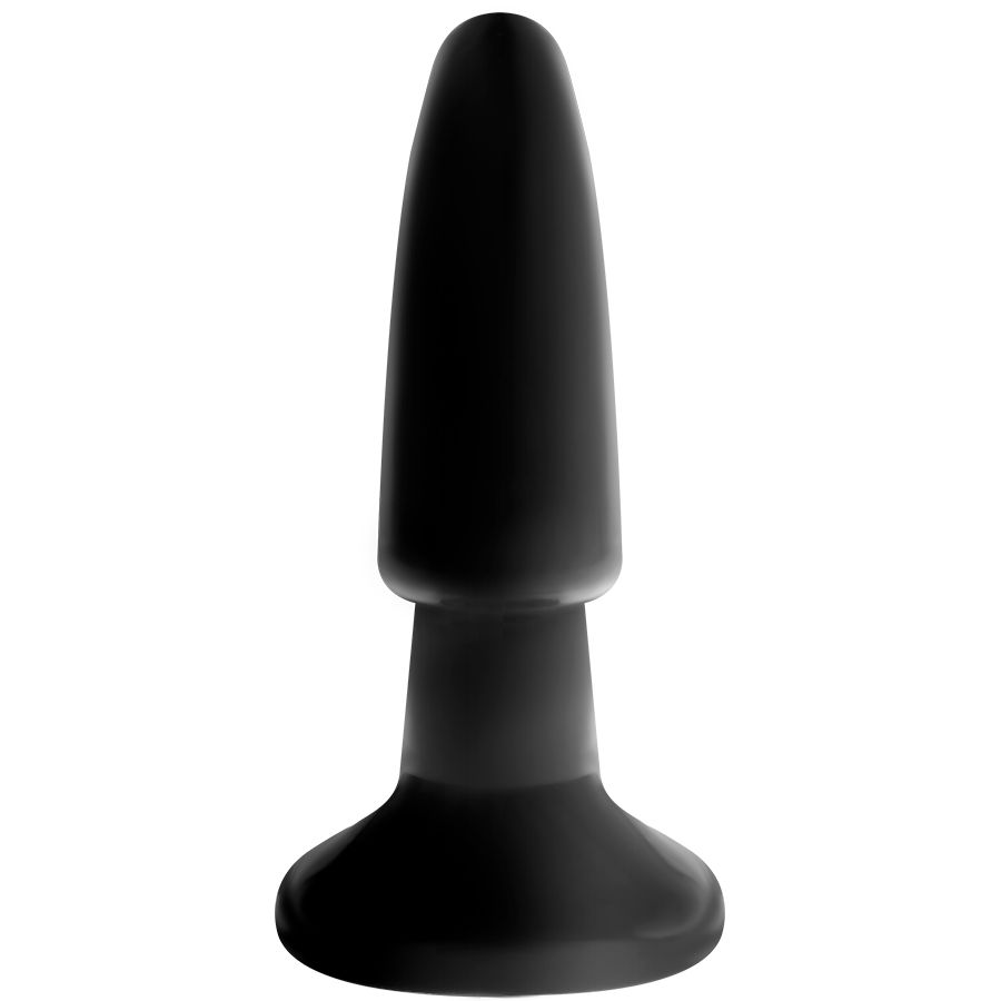 Schwarzer Analplug mit konischer Form. Breiter Sockel, schmaler werdend. Glatte Oberfläche.