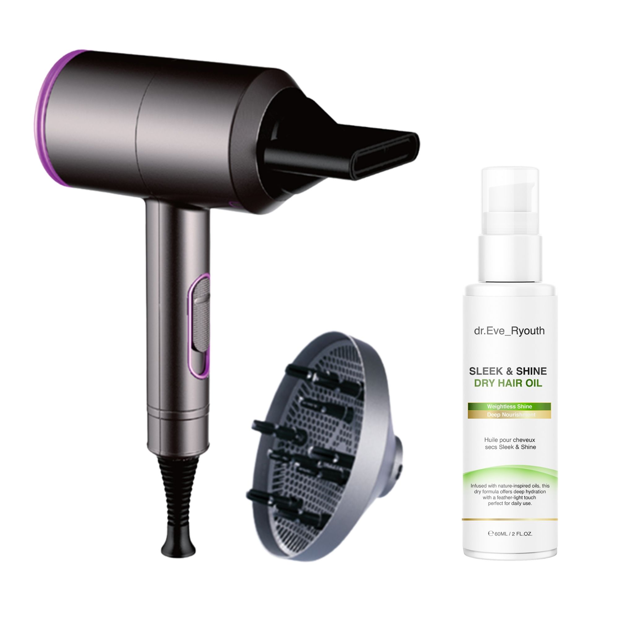 Dr Eve Ryouth Professioneller Haartrockner mit Sleek Shine Trockenhaaröl
