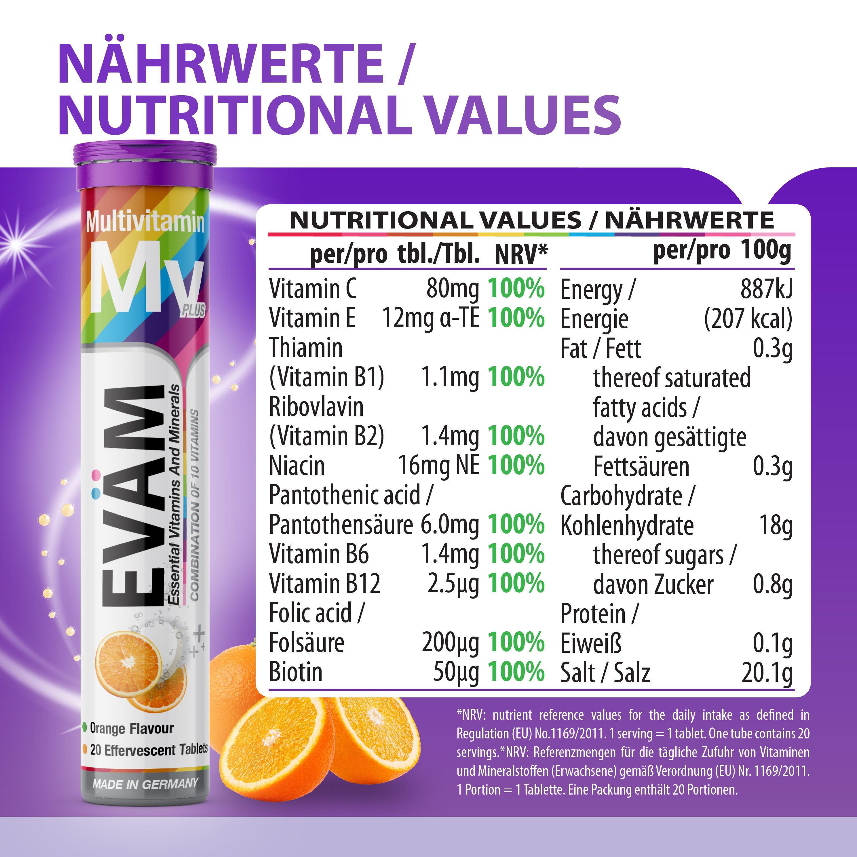 Nährwerttabelle von EVÄM Multivitamin Brausetabletten. Enthält Vitamine und Nährwerte pro Tablette und pro 100g.