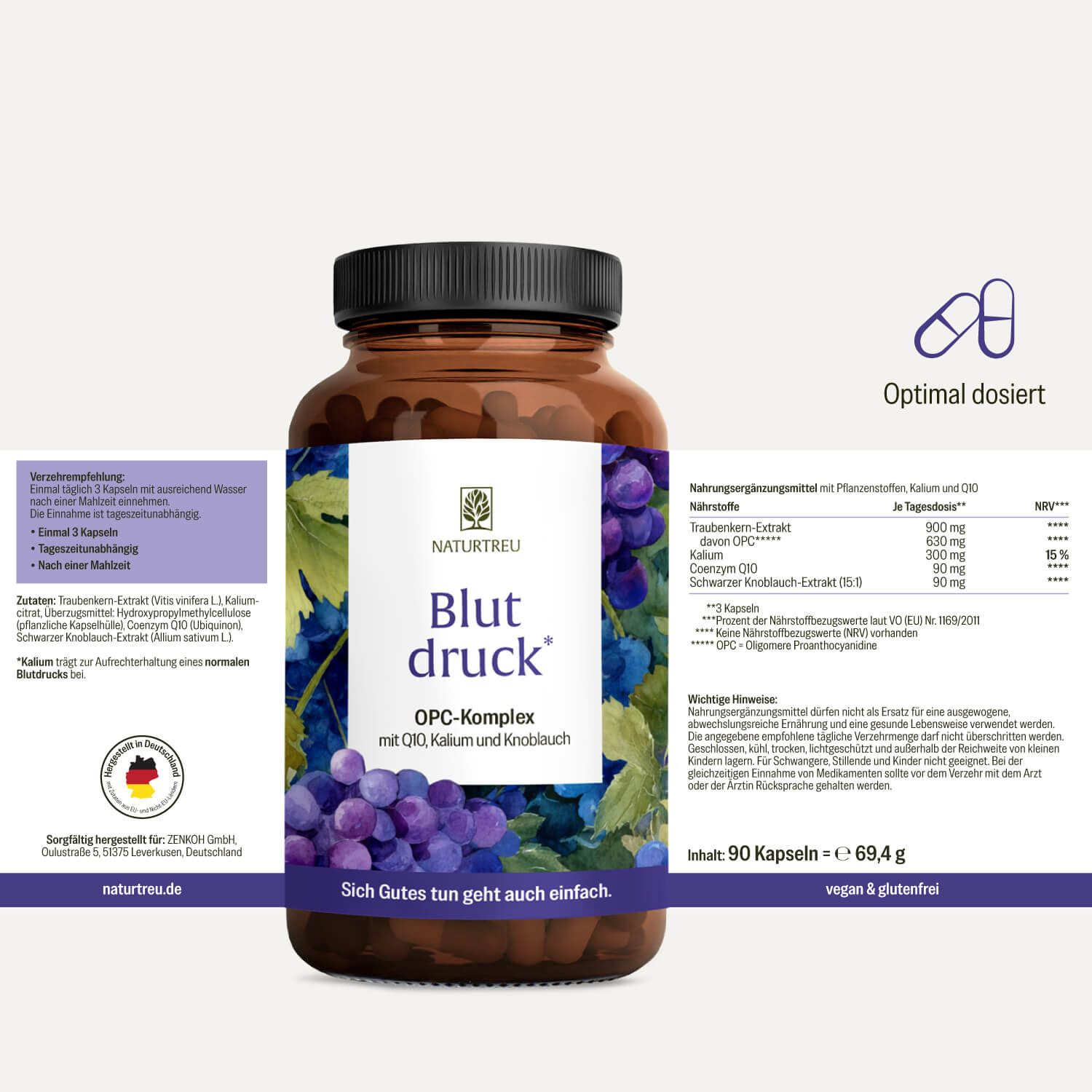NATURTREU Blutdruck OPC-Komplex Dose mit Traubenmotiv. Enthält 90 vegane Kapseln. Nährwertangaben und Siegel 'vegan & glutenfrei'.