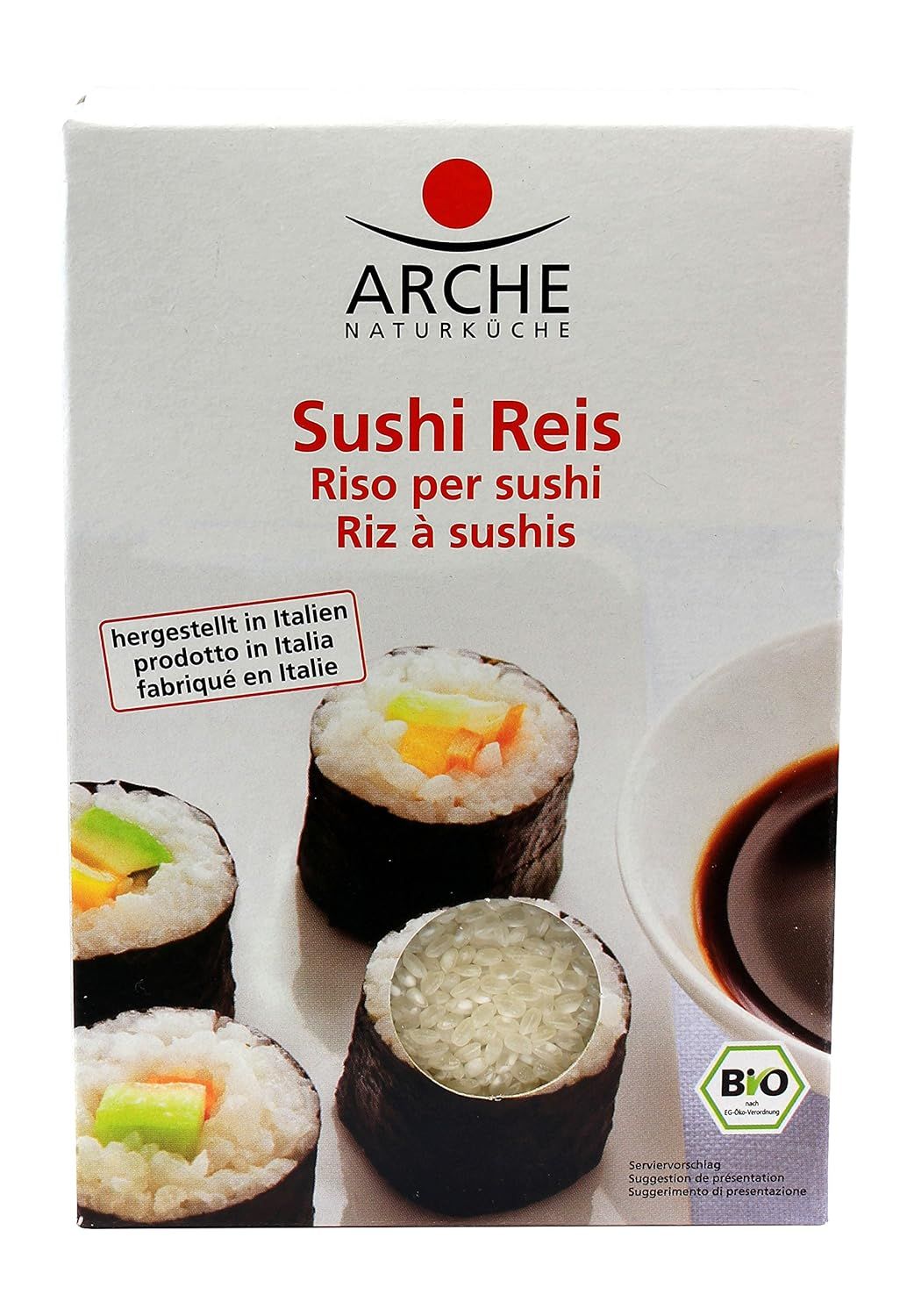 Arche Sushi Reis Packung mit Nahaufnahme von Sushi-Rollen, Sojasauce und Bio-Siegel. Hergestellt in Italien.