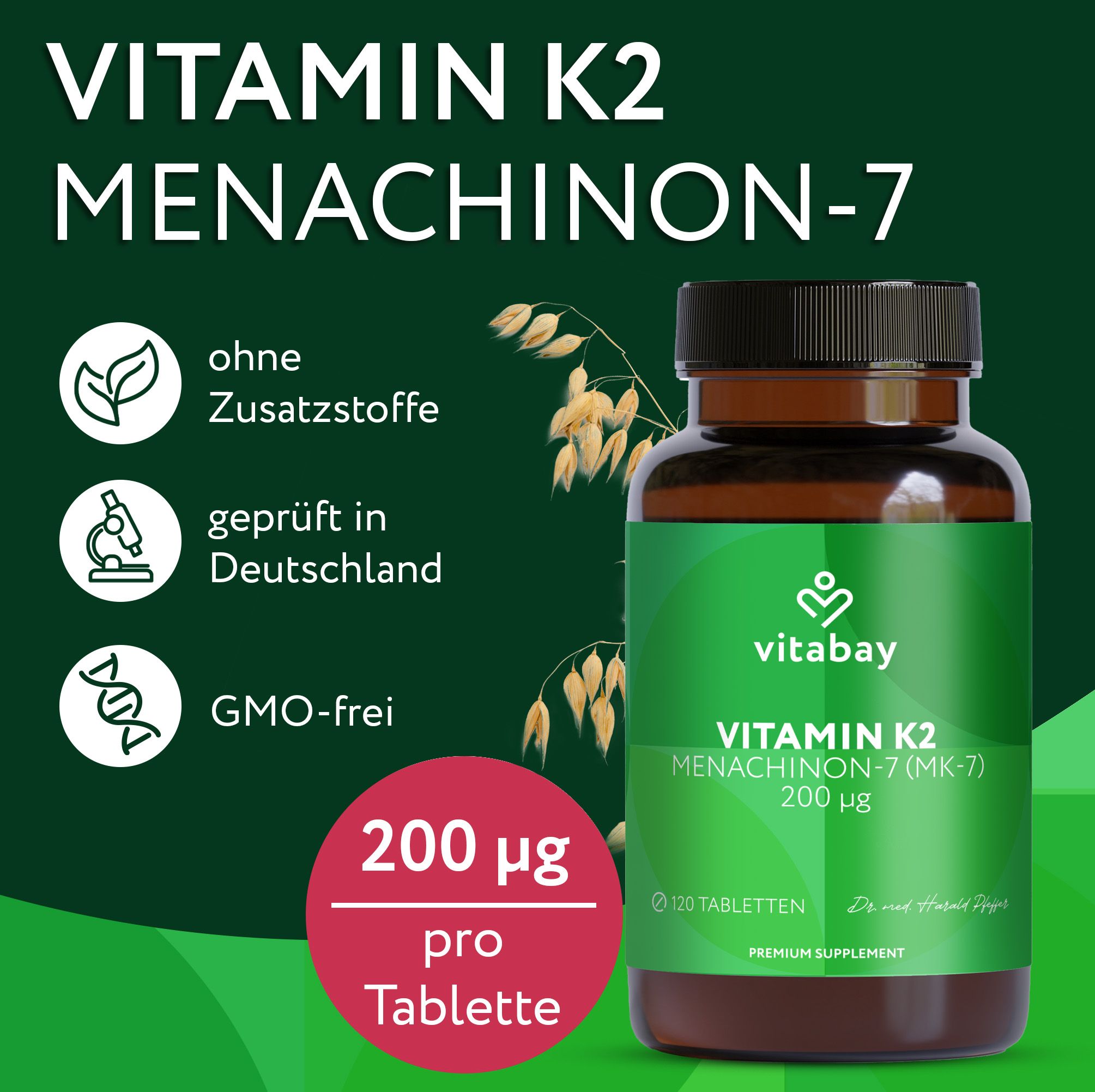 Vitabay Vitamin K2 200 µg: Braunglasflasche, ohne Zusatzstoffe, geprüft in Deutschland, GMO-frei.