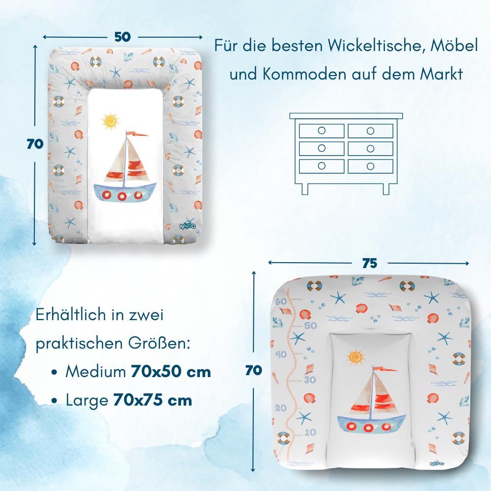 Zwei Wickelauflagen-Größen: 70x50cm und 70x75cm. Abbildung zeigt beide Größen. Text: "Für die besten Wickeltische, Möbel und Kommoden".