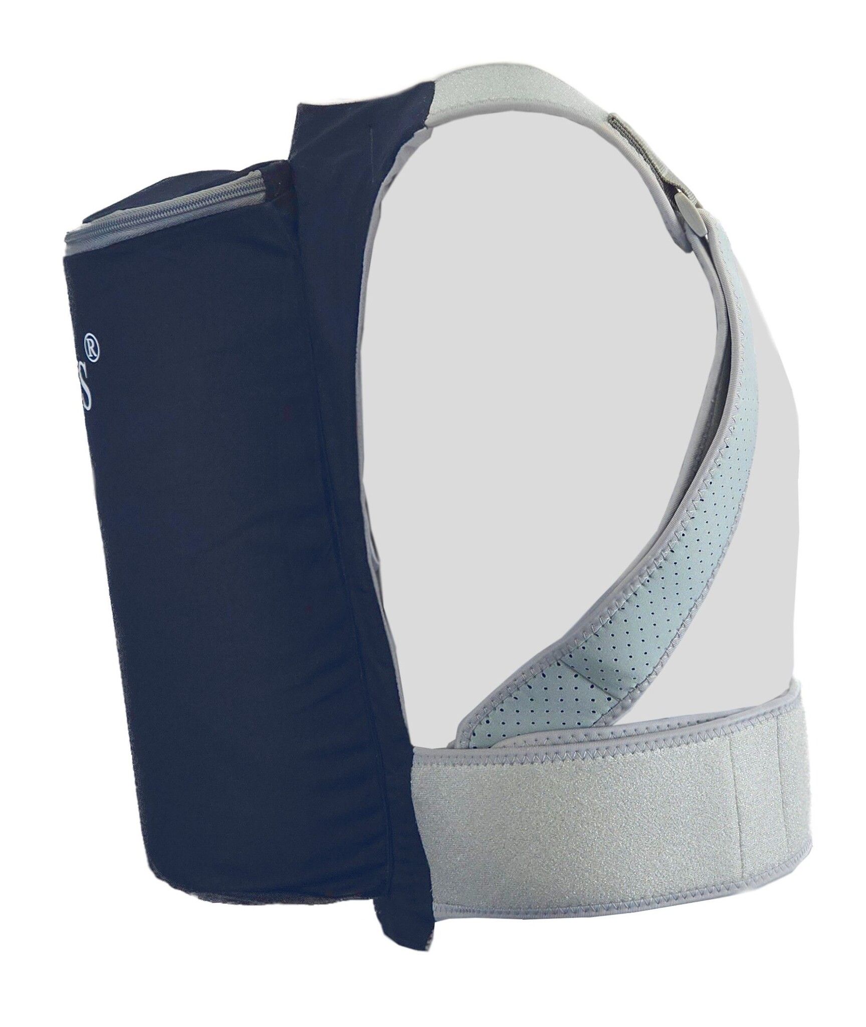Rückenlageverhinderungs-Rucksack, dunkelblau mit grauem Gurt. Seitliche Ansicht. Grauer Schultergurt und Hüftgurt. Schwarze Tasche.