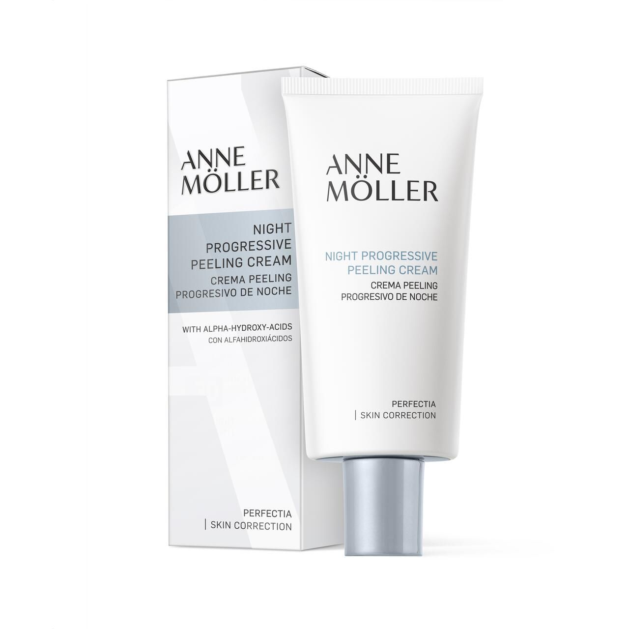 Produktverpackung: Tube und Schachtel. Tube: weiß, silberner Verschluss. Schachtel: weiß, Aufschrift: Anne Möller, Night Progressive Peeling Cream.